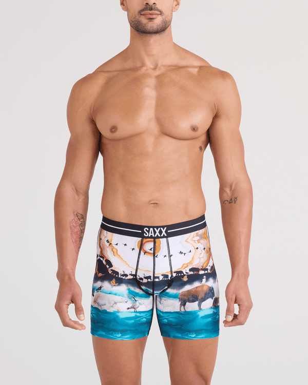Front - Model wearing Volt Breathable Mesh Boxer Brief in Great Migration-Multi