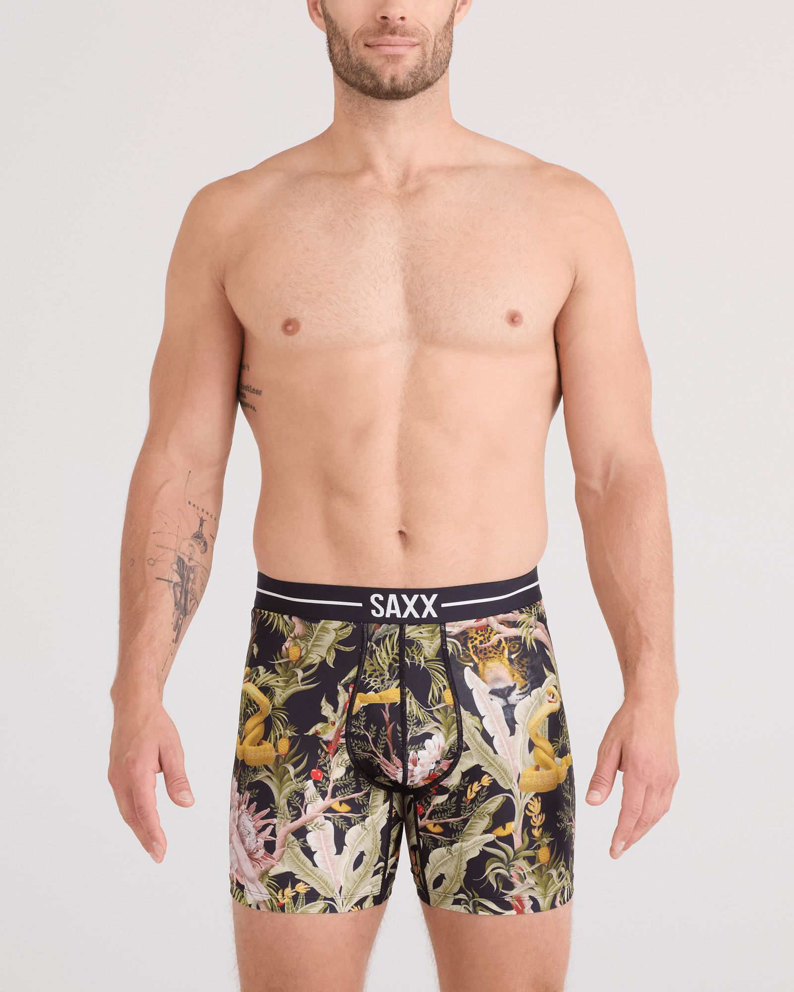 Front - Model wearing Volt Breathable Mesh Boxer Brief in Jungle Juice-Black