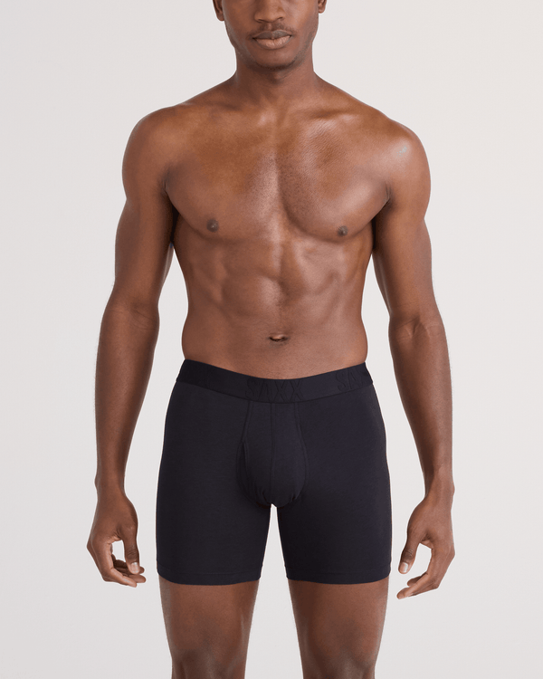 Front - Model wearing DropTemp Cooling Cotton Boxer Brief Fly 5 Pack in Black