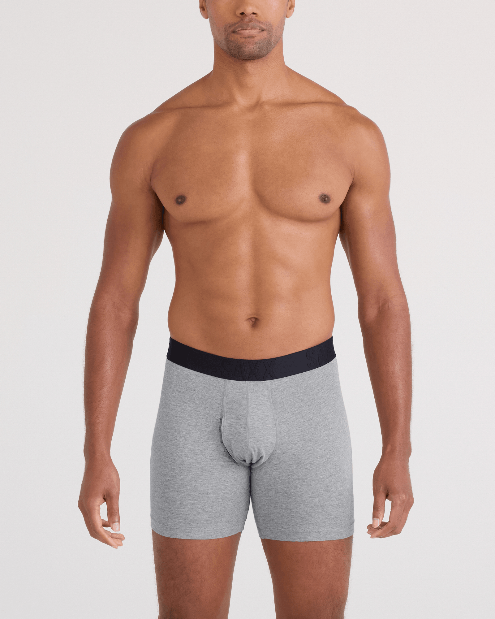 Front - Model wearing DropTemp Cooling Cotton Boxer Brief Fly 3 Pack in Dk Grey Heather/Dark Ink/Black
