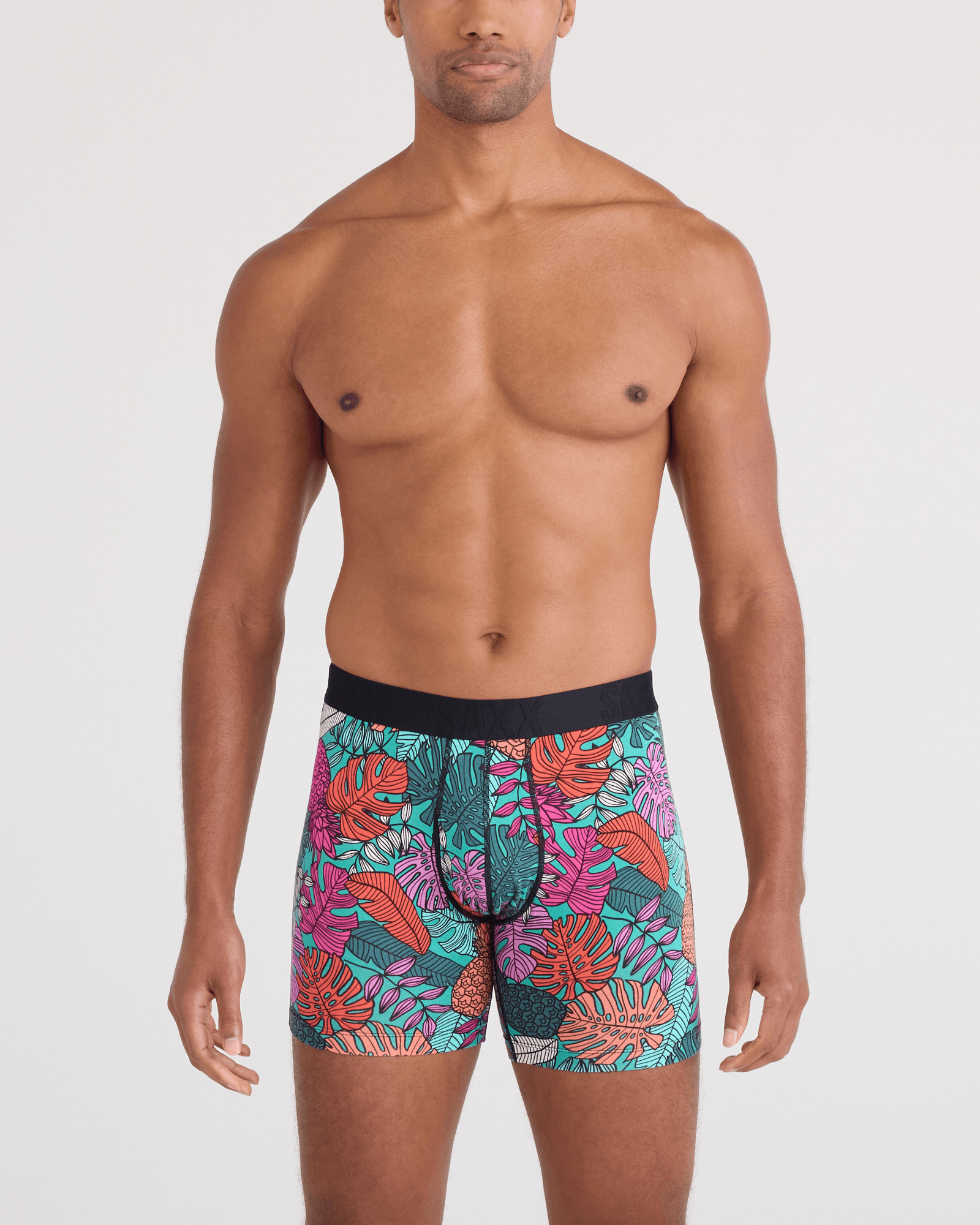 Front - Model wearing DropTemp Cooling Cotton Boxer Brief Fly in Fruity Palm-Aqua