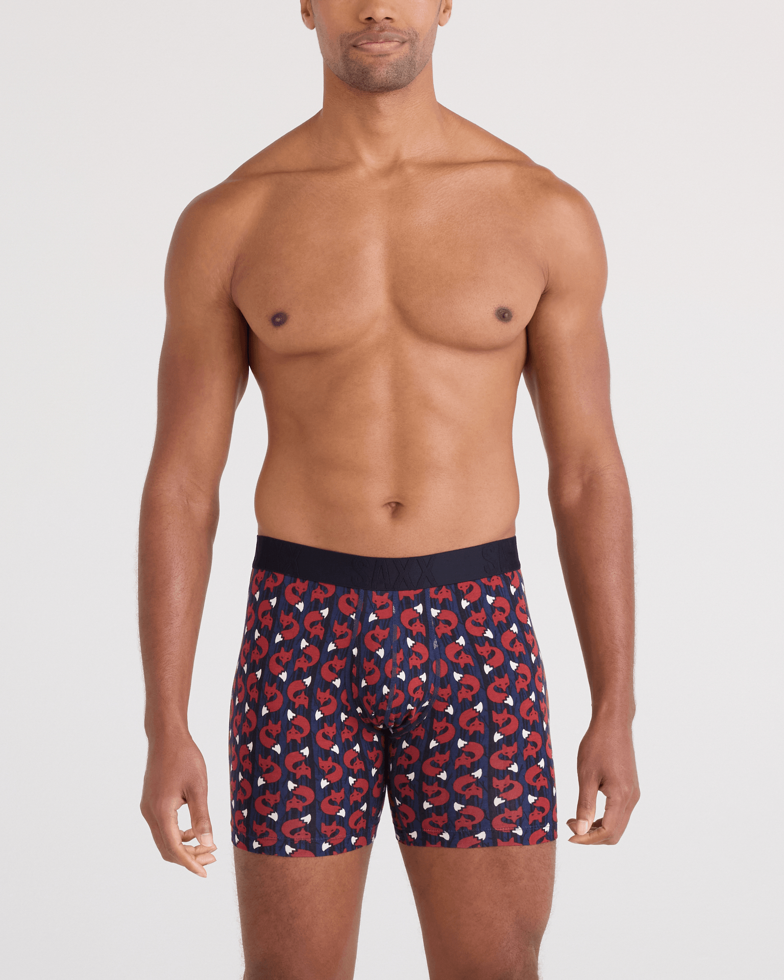 Front - Model wearing DropTemp Cooling Cotton Boxer Brief Fly in Fox Check-Navy
