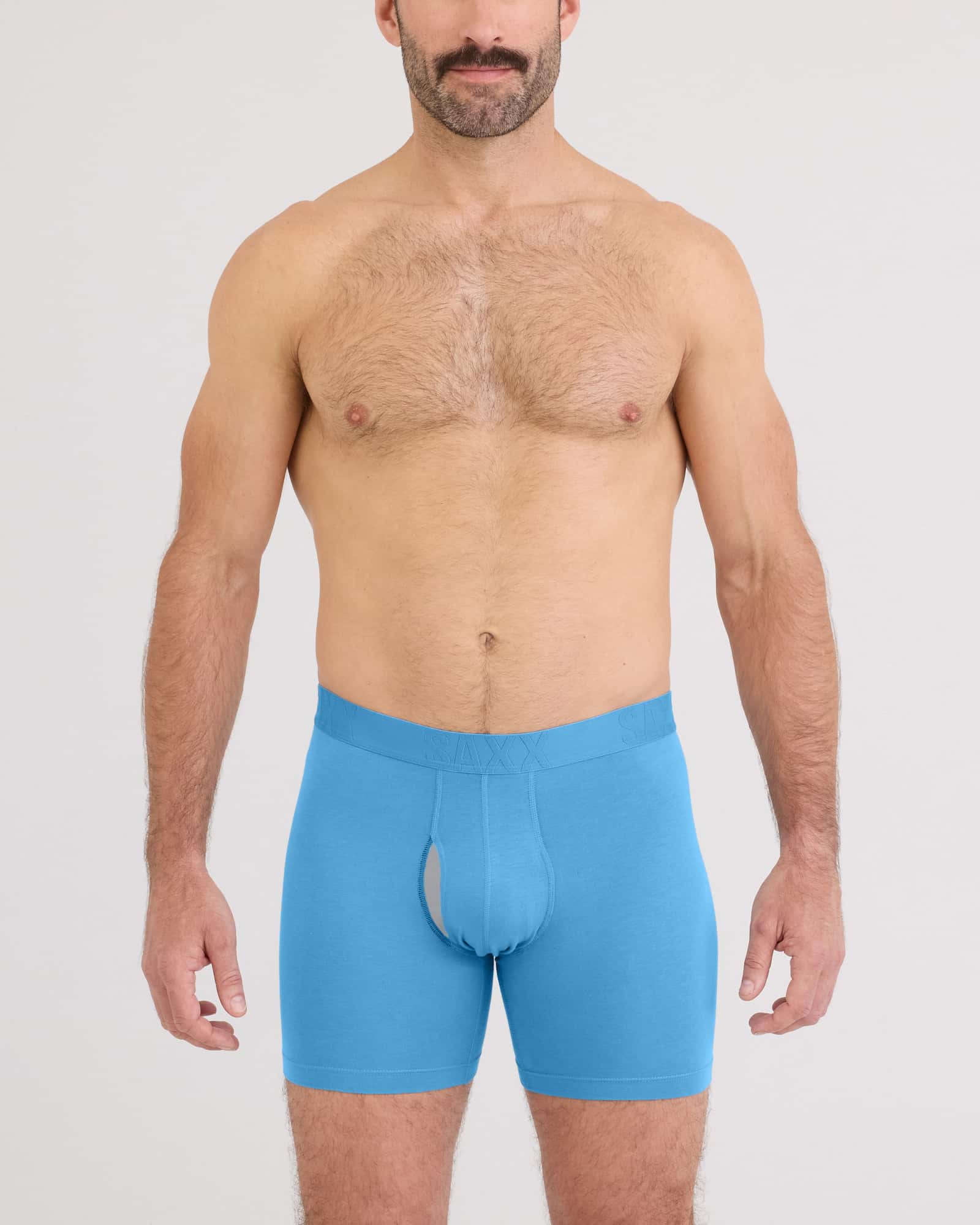 Front - Model wearing Droptemp Cooling Cotton Boxer Brief Fly in Parisian Blue
