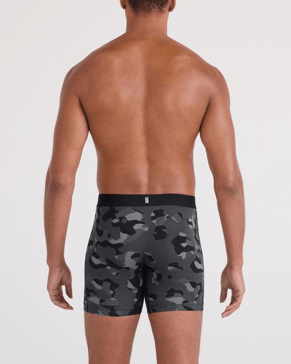 Back - Model wearing DropTemp Cooling Cotton Boxer Brief Fly in Pebble Camo-Graphite