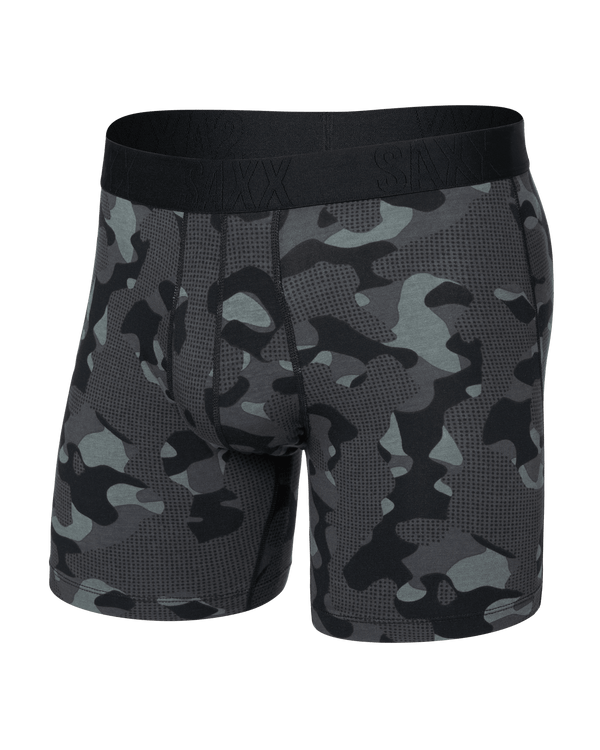 Front of DropTemp Cooling Cotton Boxer Brief Fly in Pebble Camo-Graphite