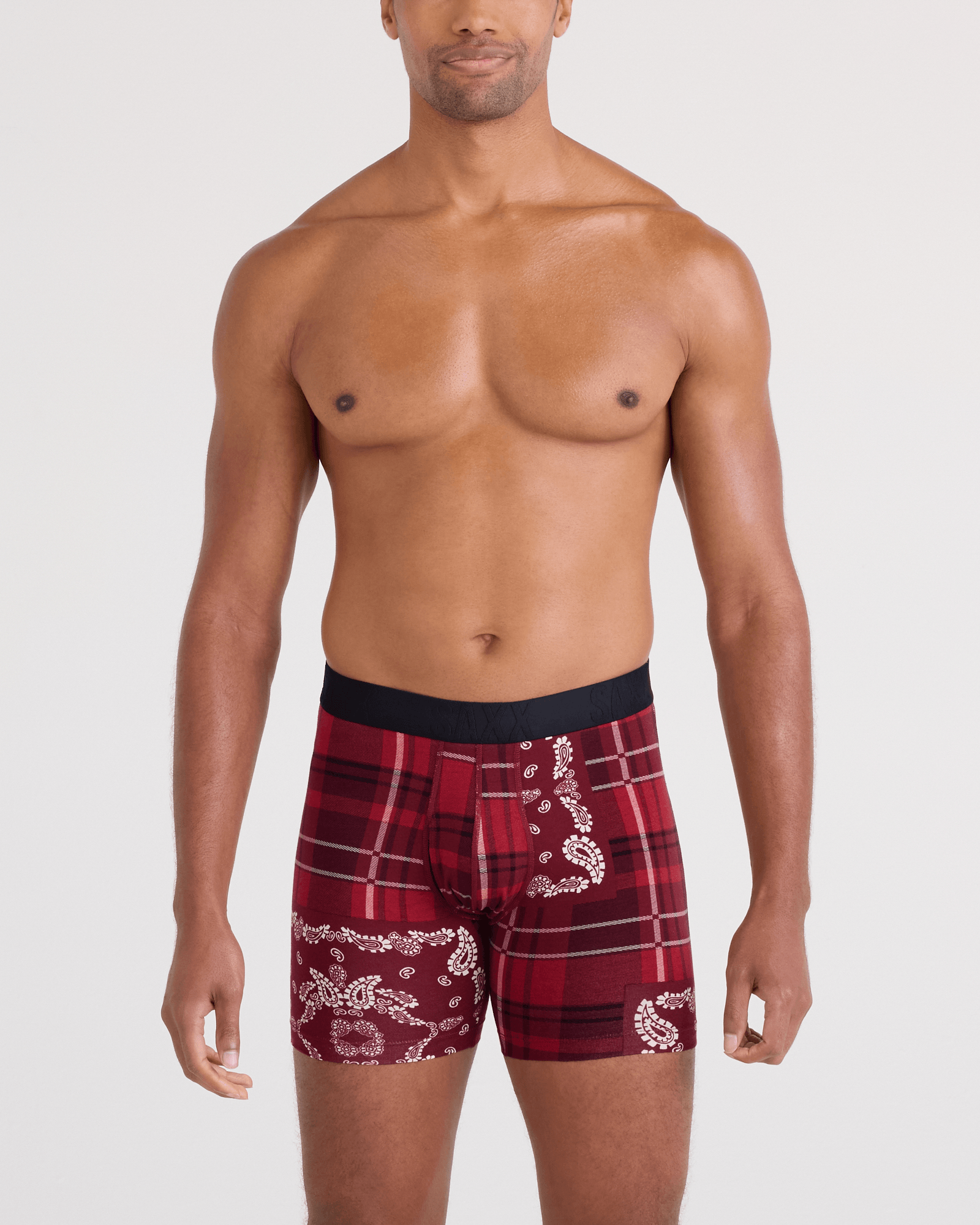 Front - Model wearing DropTemp Cooling Cotton Boxer Brief Fly in Paisley Plaid-Red