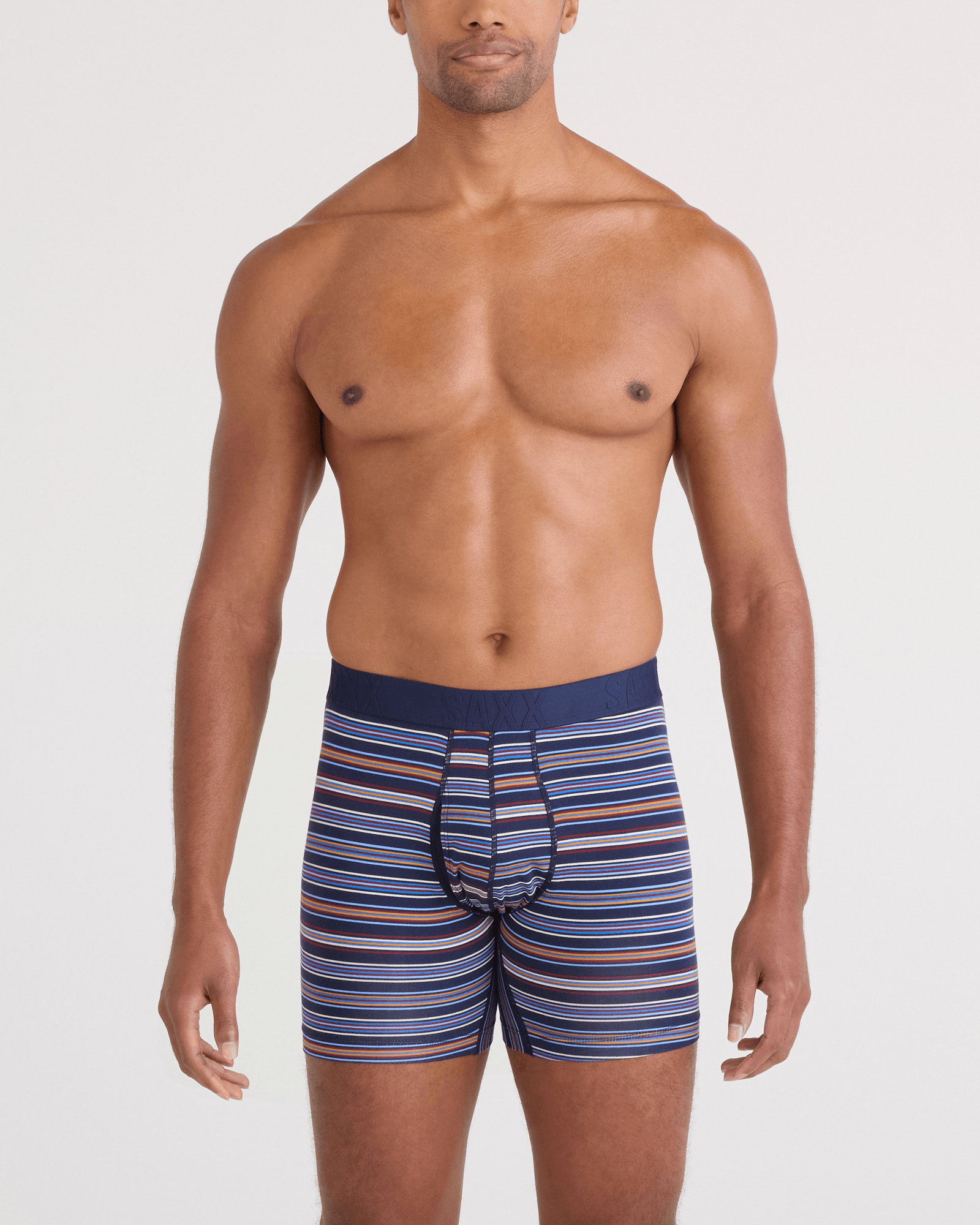 Front - Model wearing DropTemp Cooling Cotton Boxer Brief Fly in Vivid Stripe-Maritime