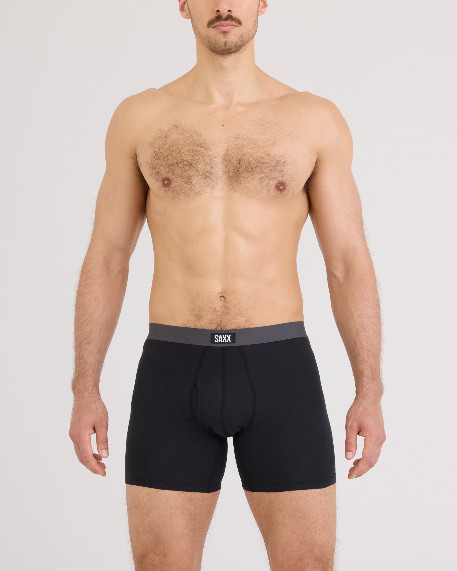 Front - Model posing in Core Cotton Boxer Brief in Black/Graphite