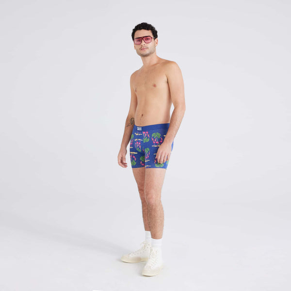 Front - Model wearing Vibe Super Soft Boxer Brief in Holidays In Paradise-Blue