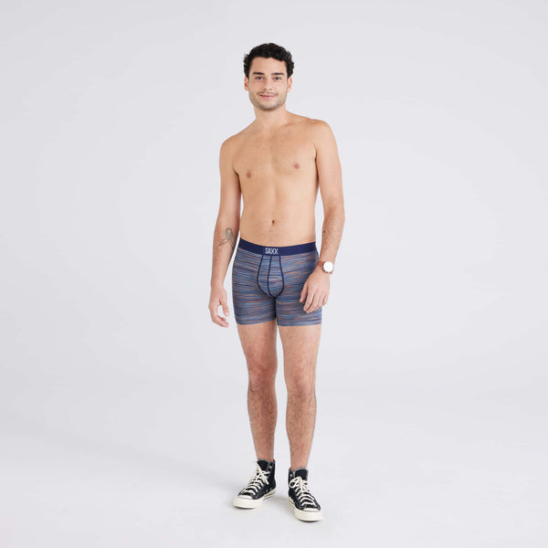Front - Model wearing Vibe Super Soft Boxer Brief in Wavelength Spacedye-Maritime