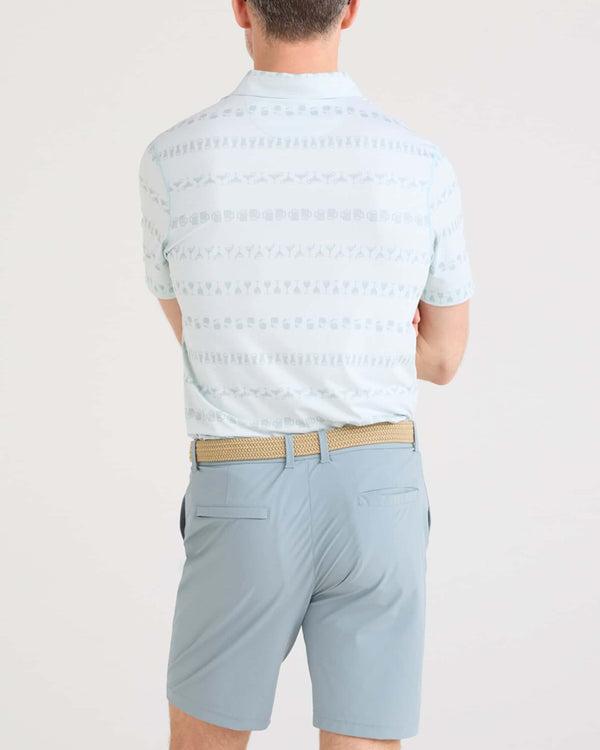 Back - Model wearing Droptemp All Day Cooling Polo in Happy Hour Stripe-Light Blue