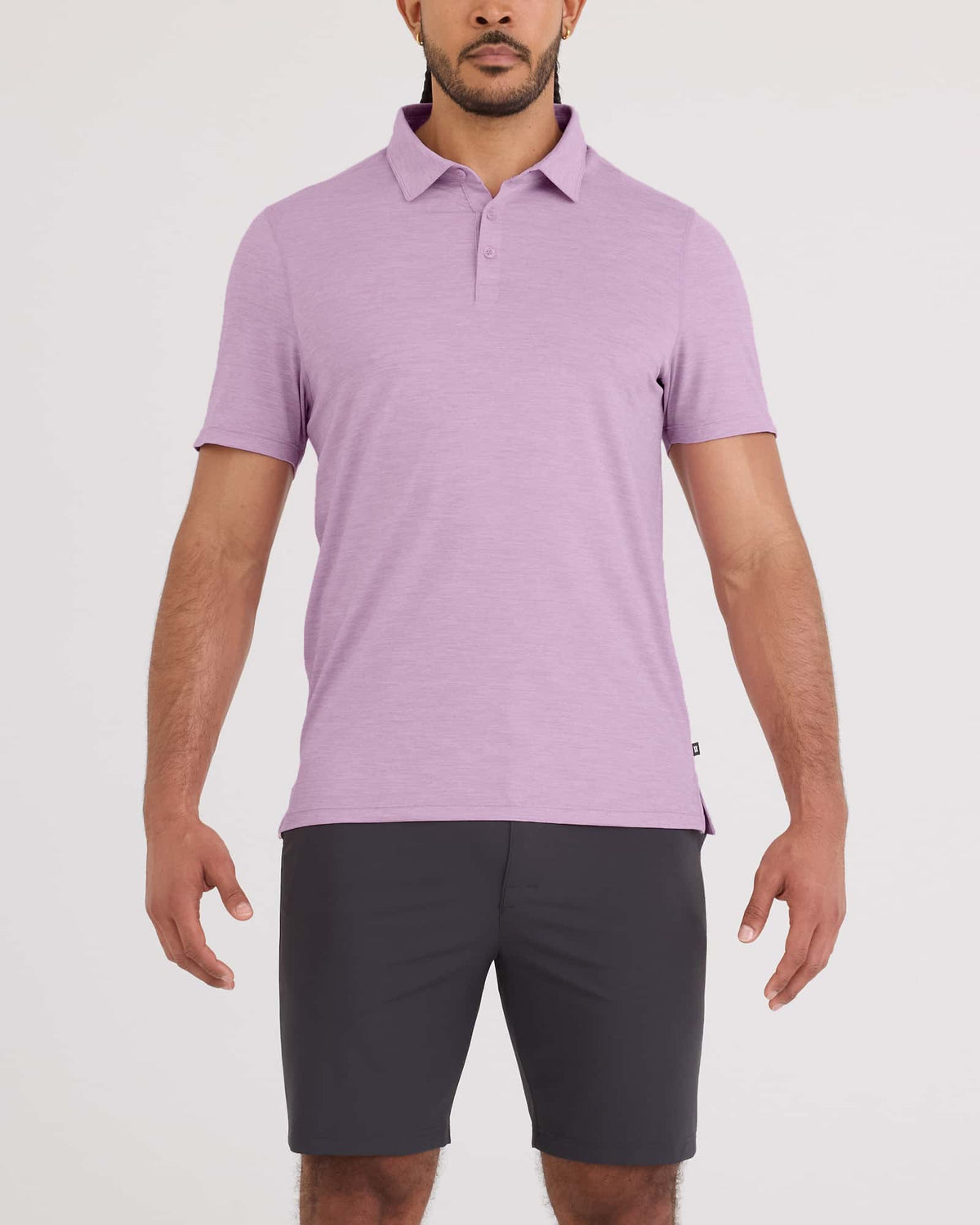 Front - Model wearing Droptemp All Day Cooling Polo in Purple Heather