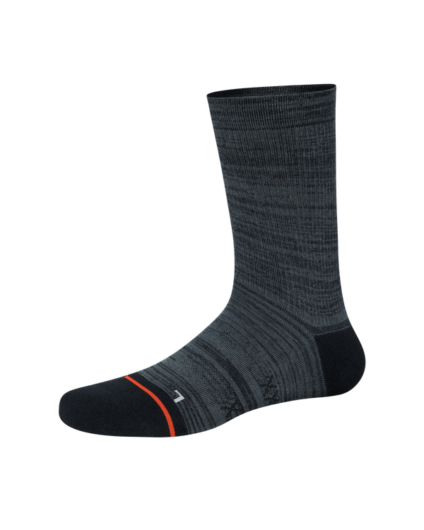 Front of Good Form Crew Sock in Black/Grey Stripe