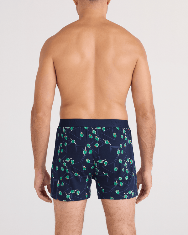 Back - Model wearing Snooze Sleep Boxer Short in Olive You-Maritime