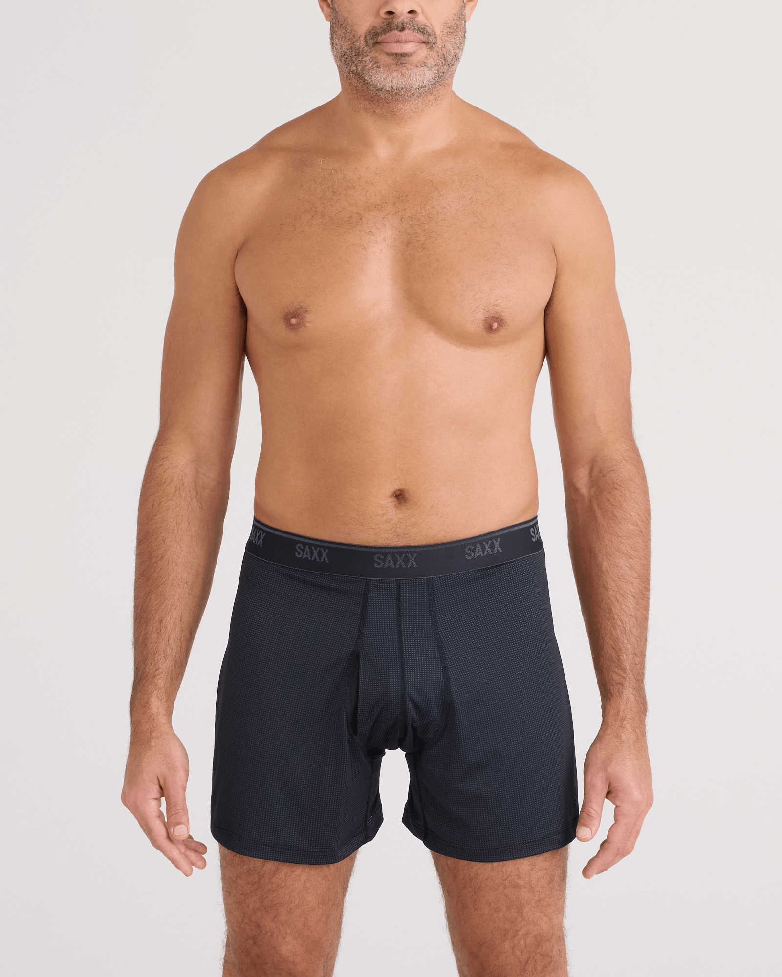 Front - Model wearing Quest Quick-Dry Mesh Boxer Short Fly in Black