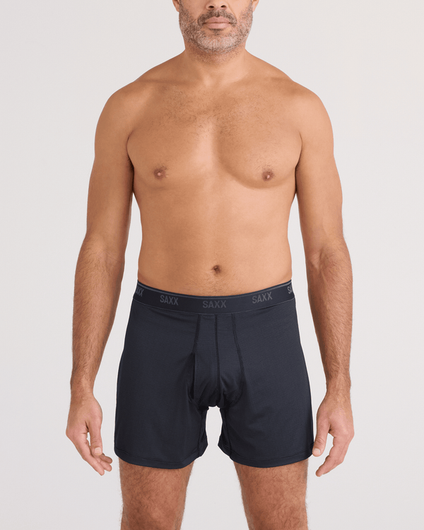 Front - Model wearing Quest Quick-Dry Mesh Boxer Short Fly in Black