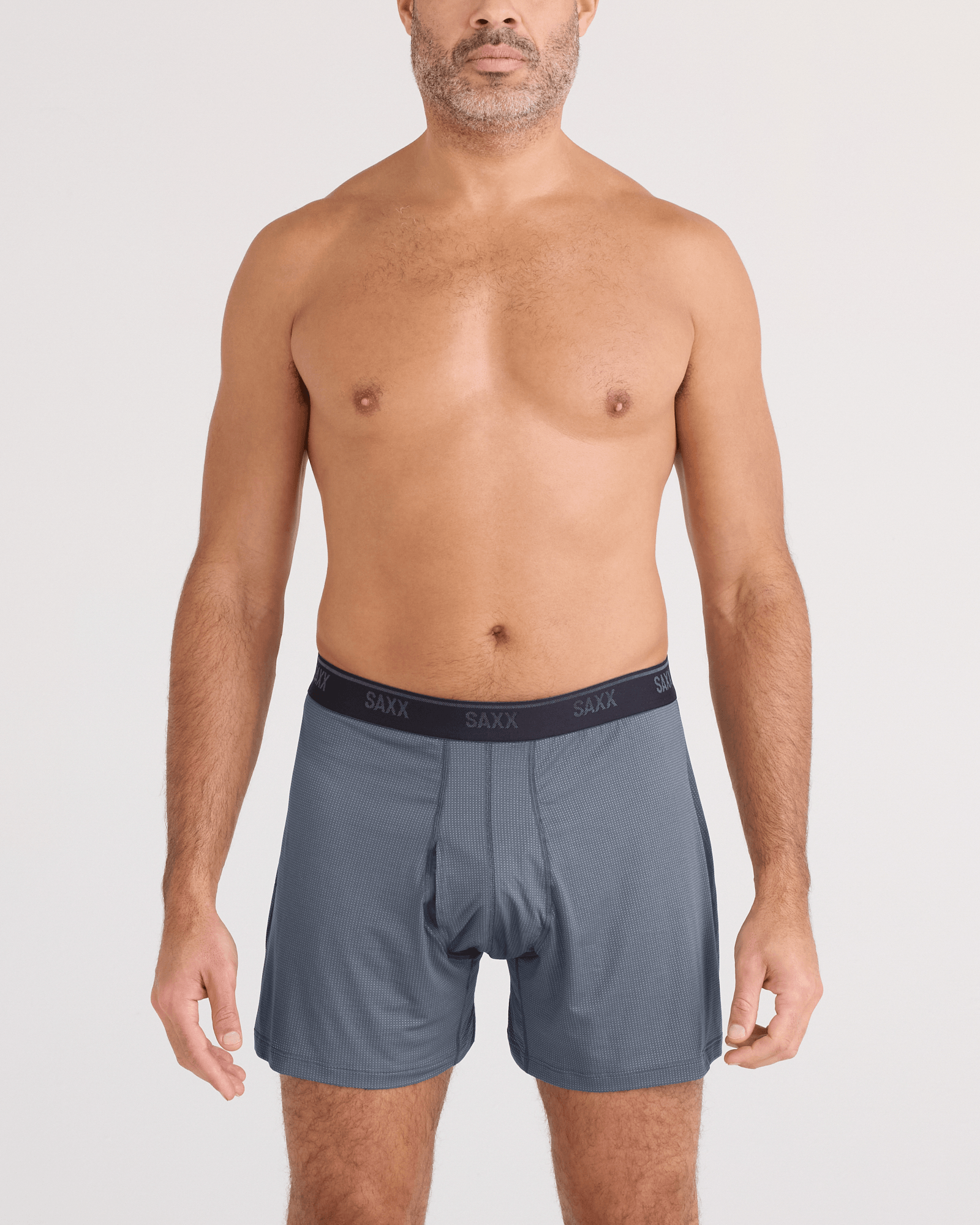 Front - Model wearing Quest Quick-Dry Mesh Boxer Short Fly in Turbulence