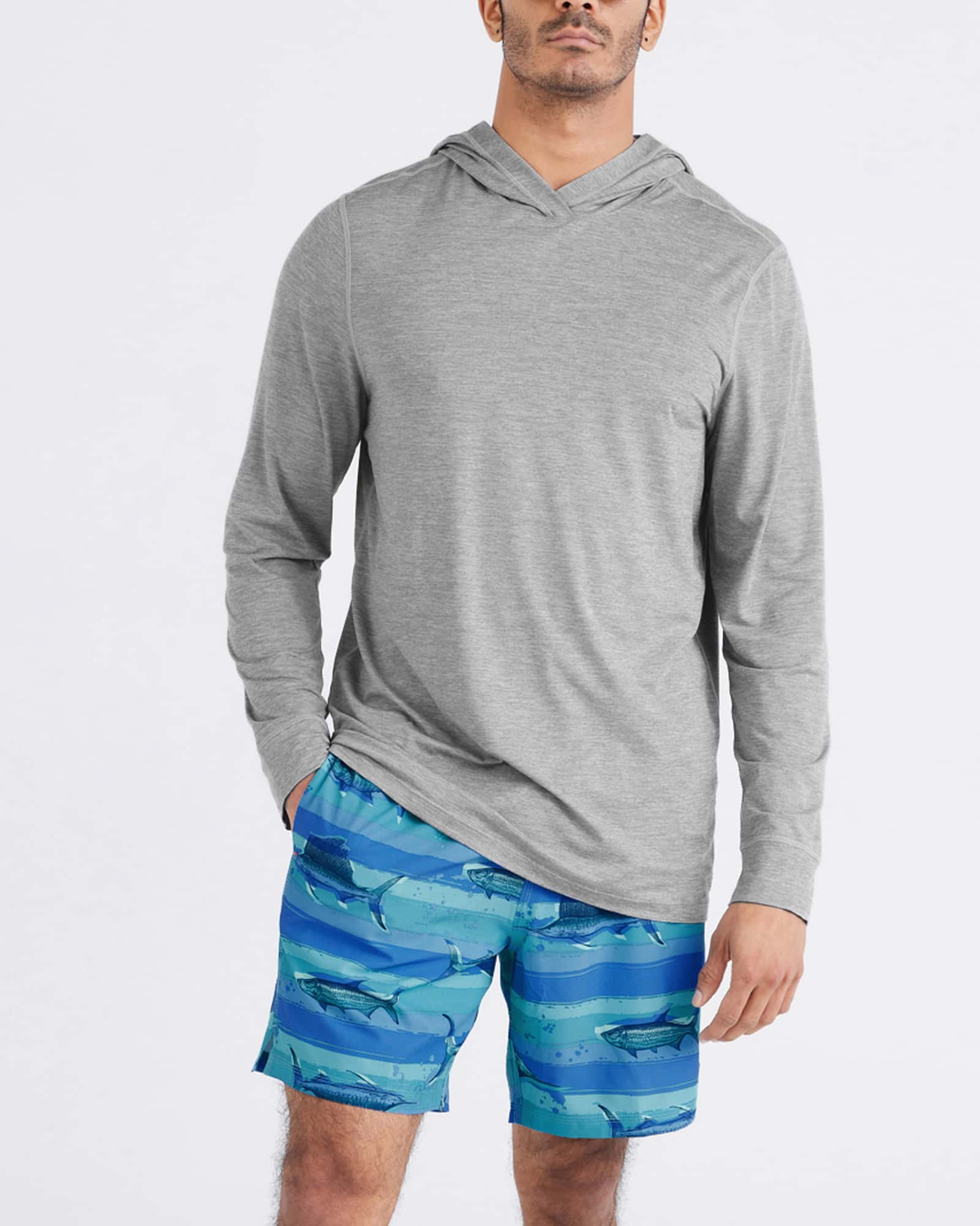 Front - Model wearing Oh Buoy 2N1 Volley 7" in Fish On-Blue Moon