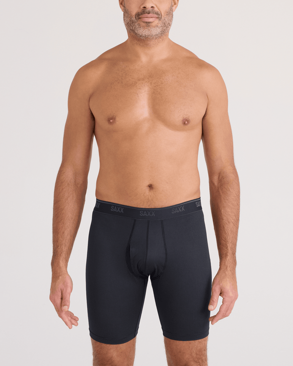 Front - Model wearing Quest Quick-Dry Mesh Long Boxer Brief Fly in Black