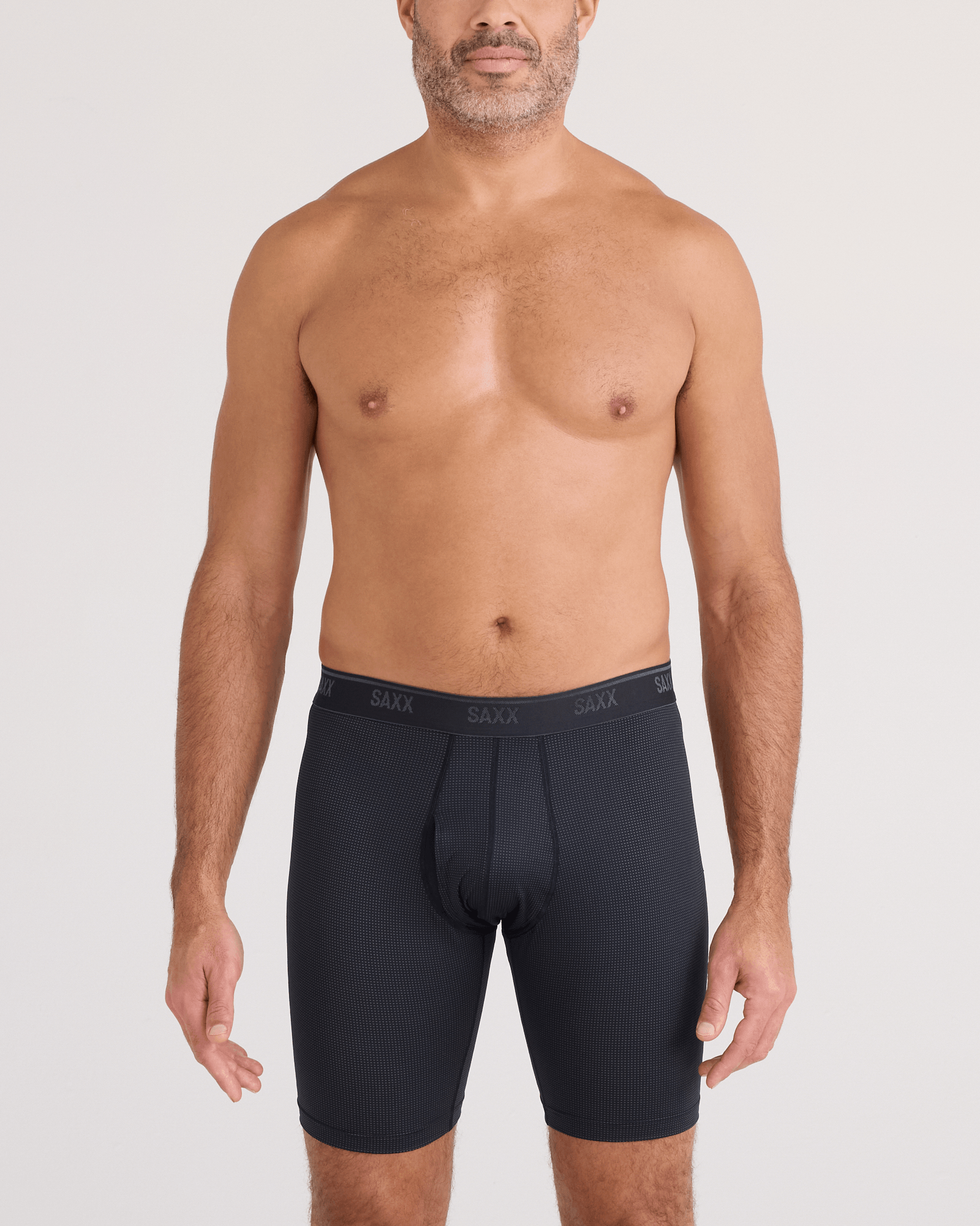 Front - Model wearing Quest Quick-Dry Mesh Long Boxer Brief Fly 3 Pack in Black