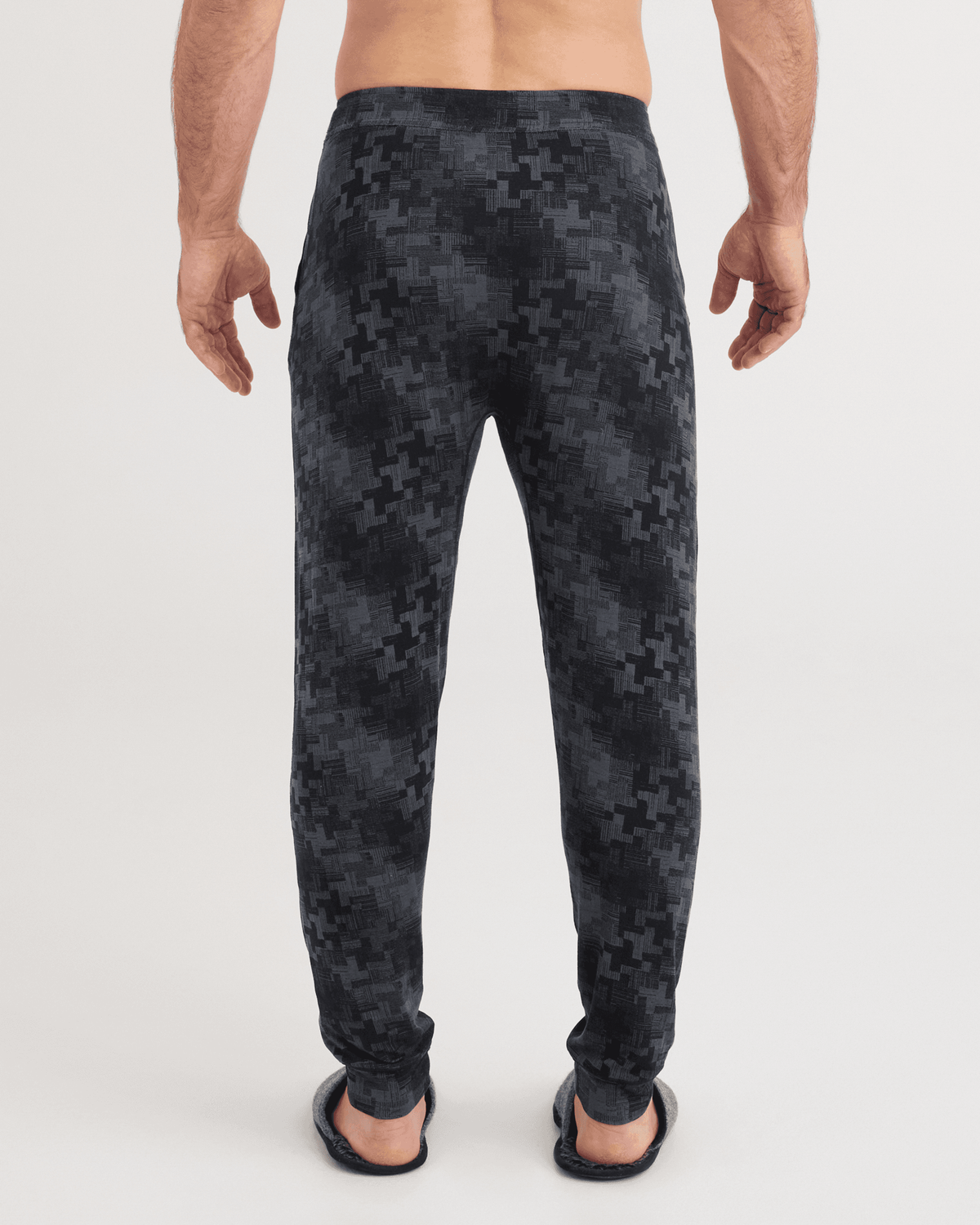 Back - Model wearing Snooze Pants in Frenetic Tweed-Black