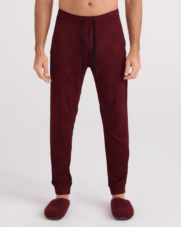 Front - Model wearing Snooze Sleep Pant in Rad Plaid-Cabernet