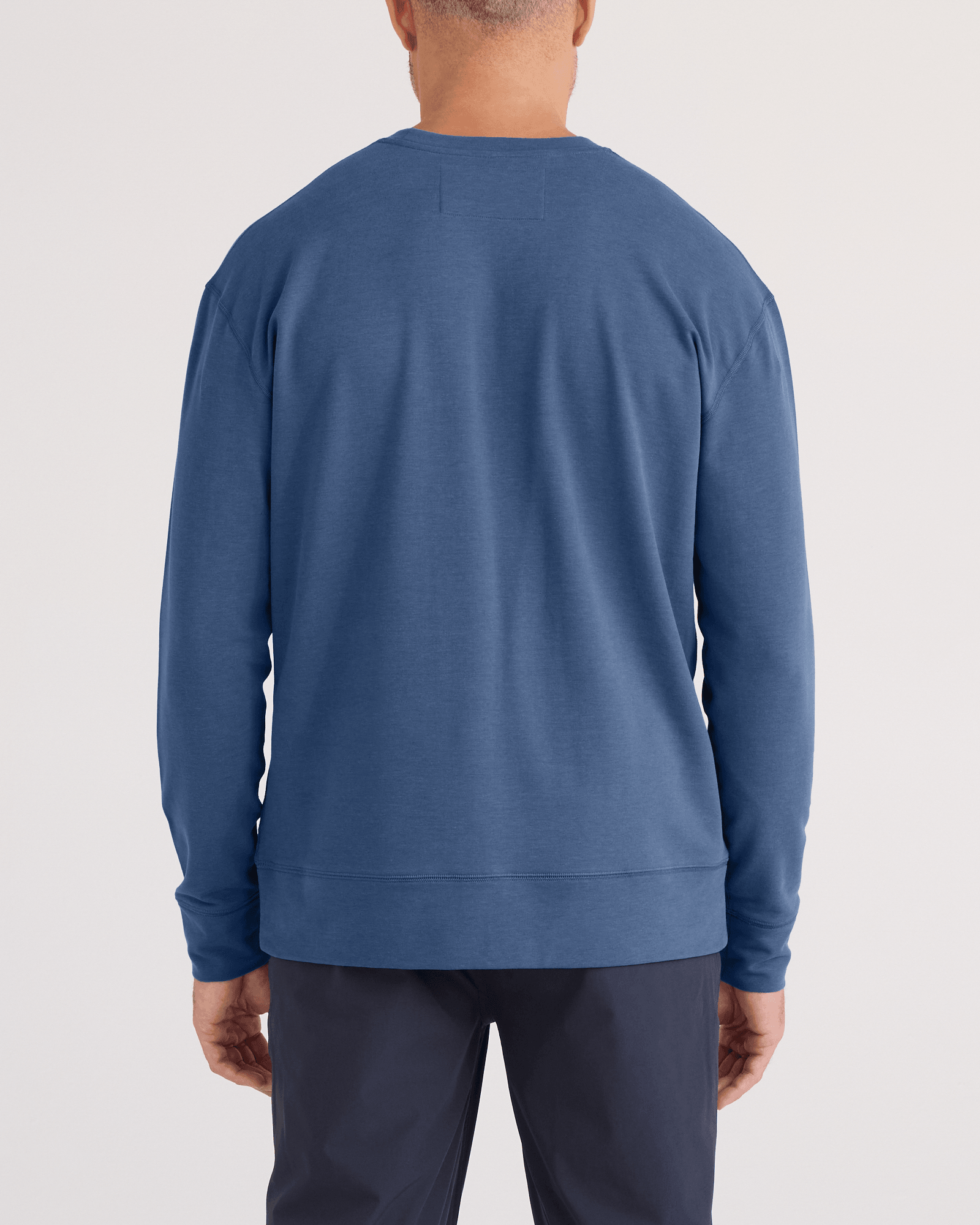 Back - Model wearing 3Six Five Long Sleeve Crew in Washed Indigo