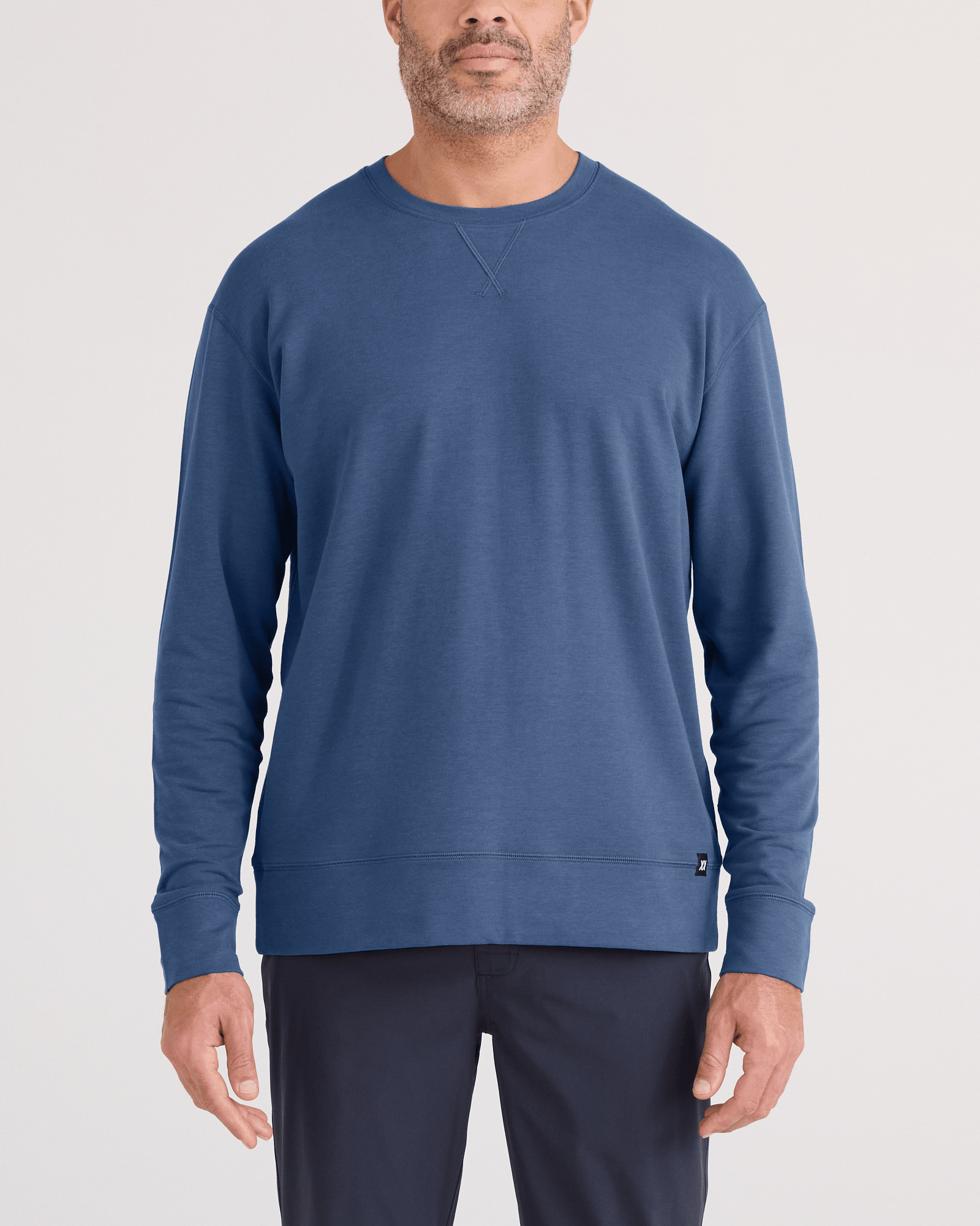 Front - Model wearing 3Six Five Long Sleeve Crew in Washed Indigo