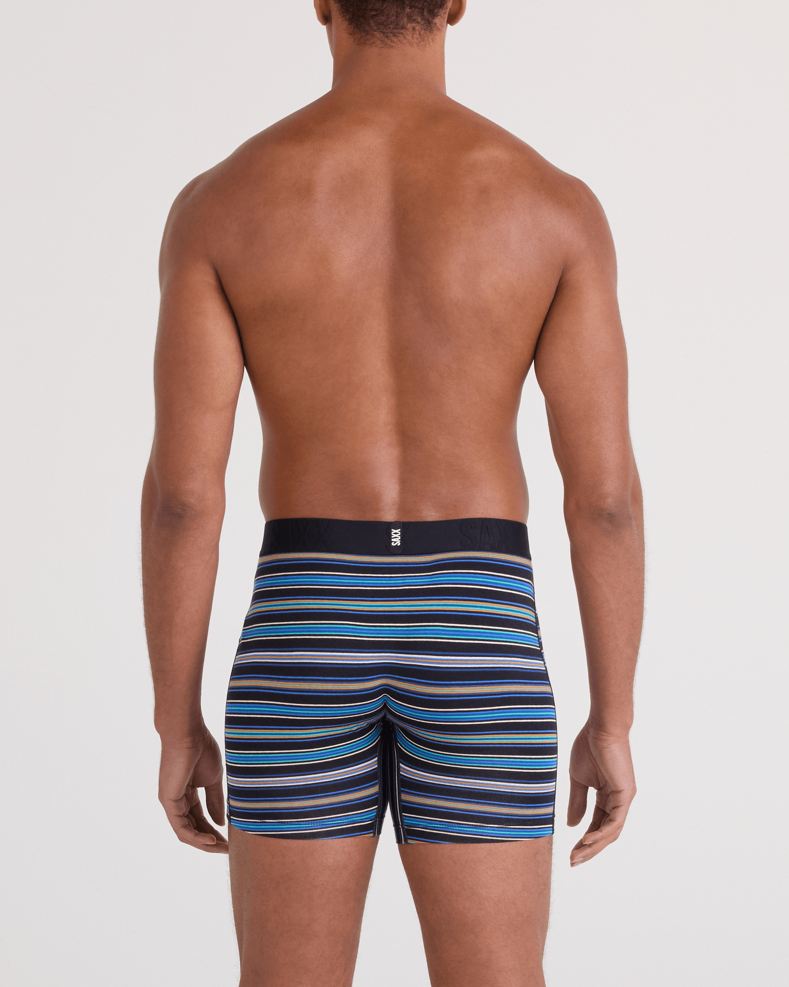 Back - Model wearing DropTemp Cooling Cotton Boxer Brief Fly 2 Pack in Vivid Stripe/Dark Grey Heather