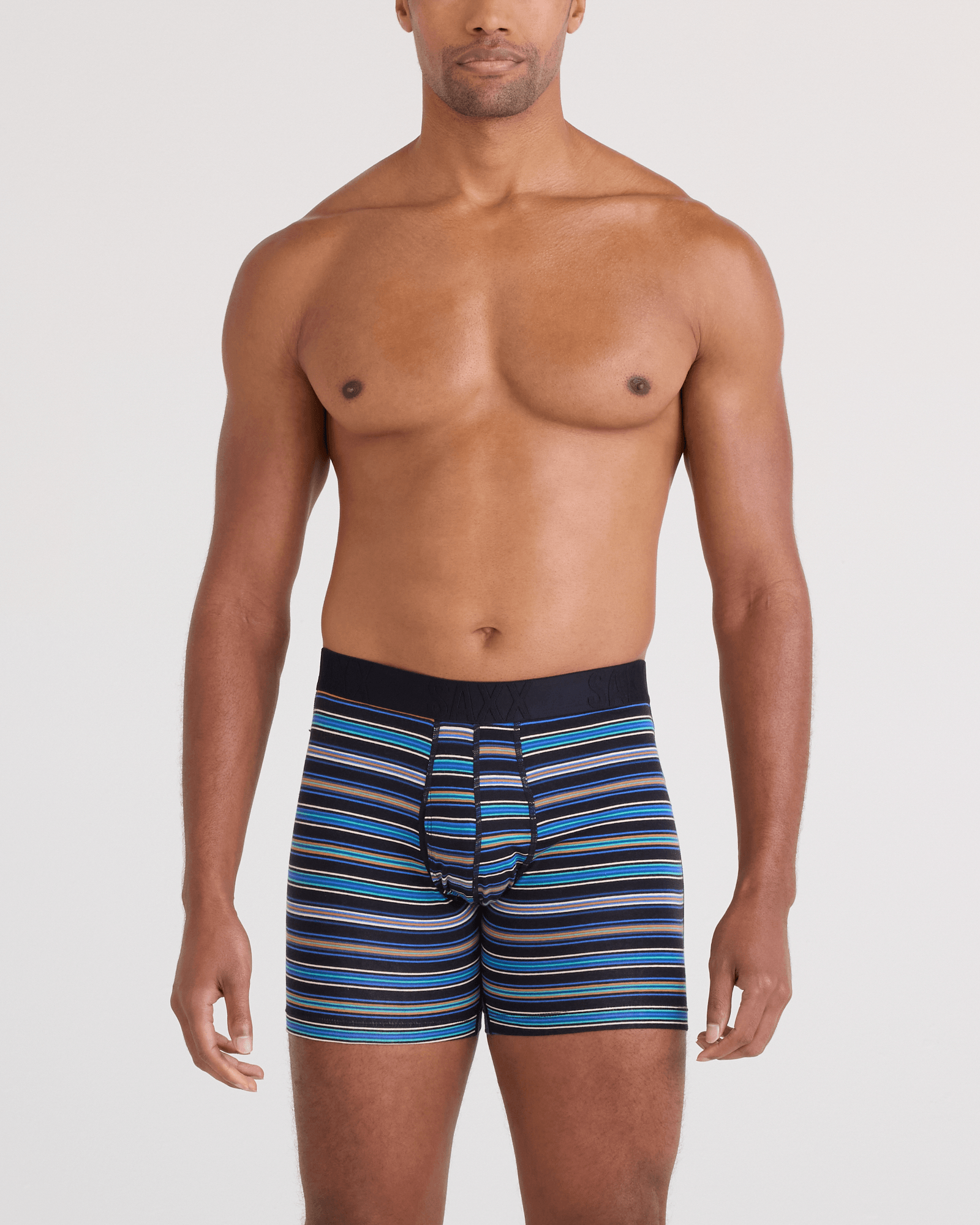 Front - Model wearing DropTemp Cooling Cotton Boxer Brief Fly 2 Pack in Vivid Stripe/Dark Grey Heather