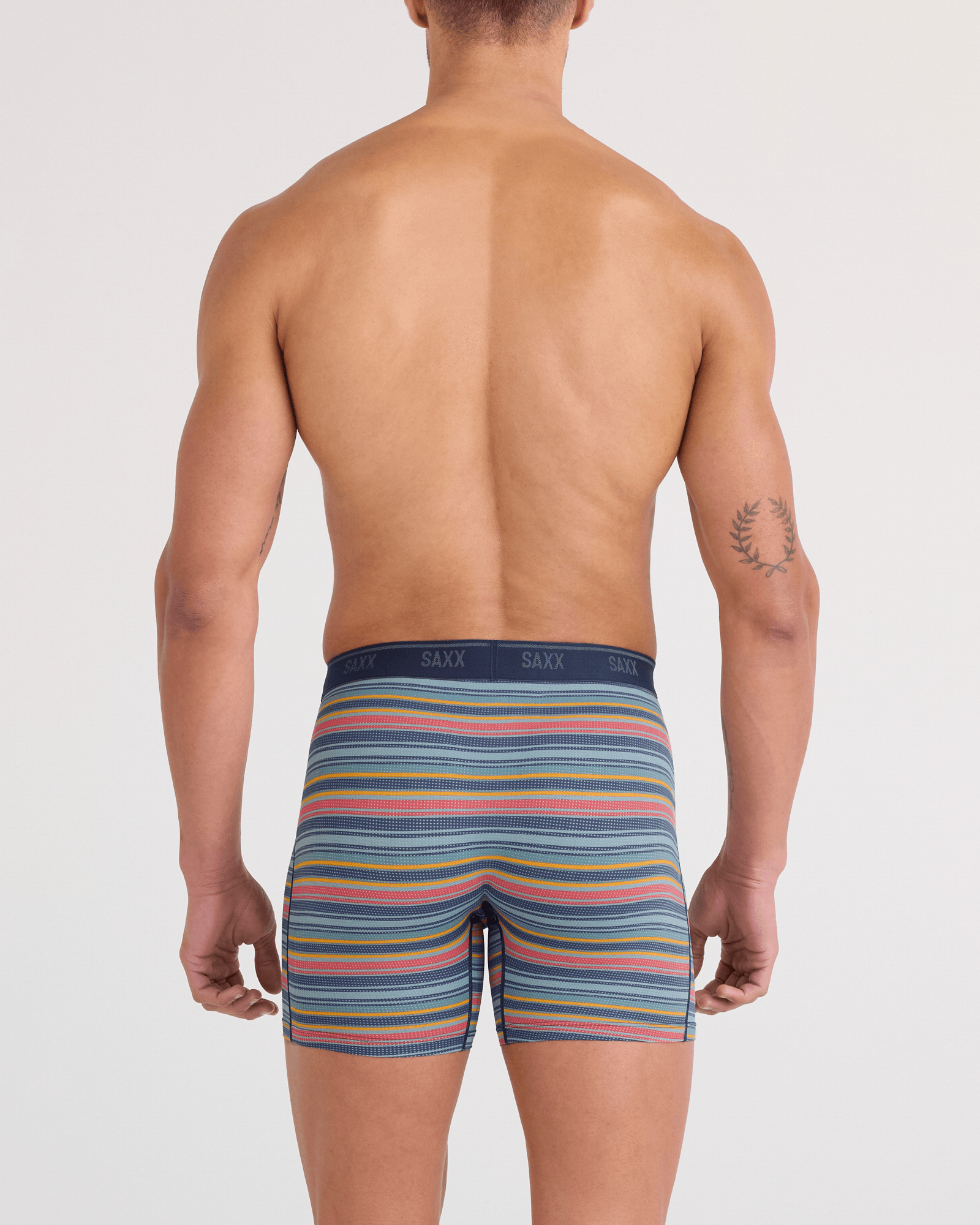 Back - Model wearing Quest Quick-Dry Mesh Boxer Brief Fly 2 Pack in Harvest Stripe/Maritime
