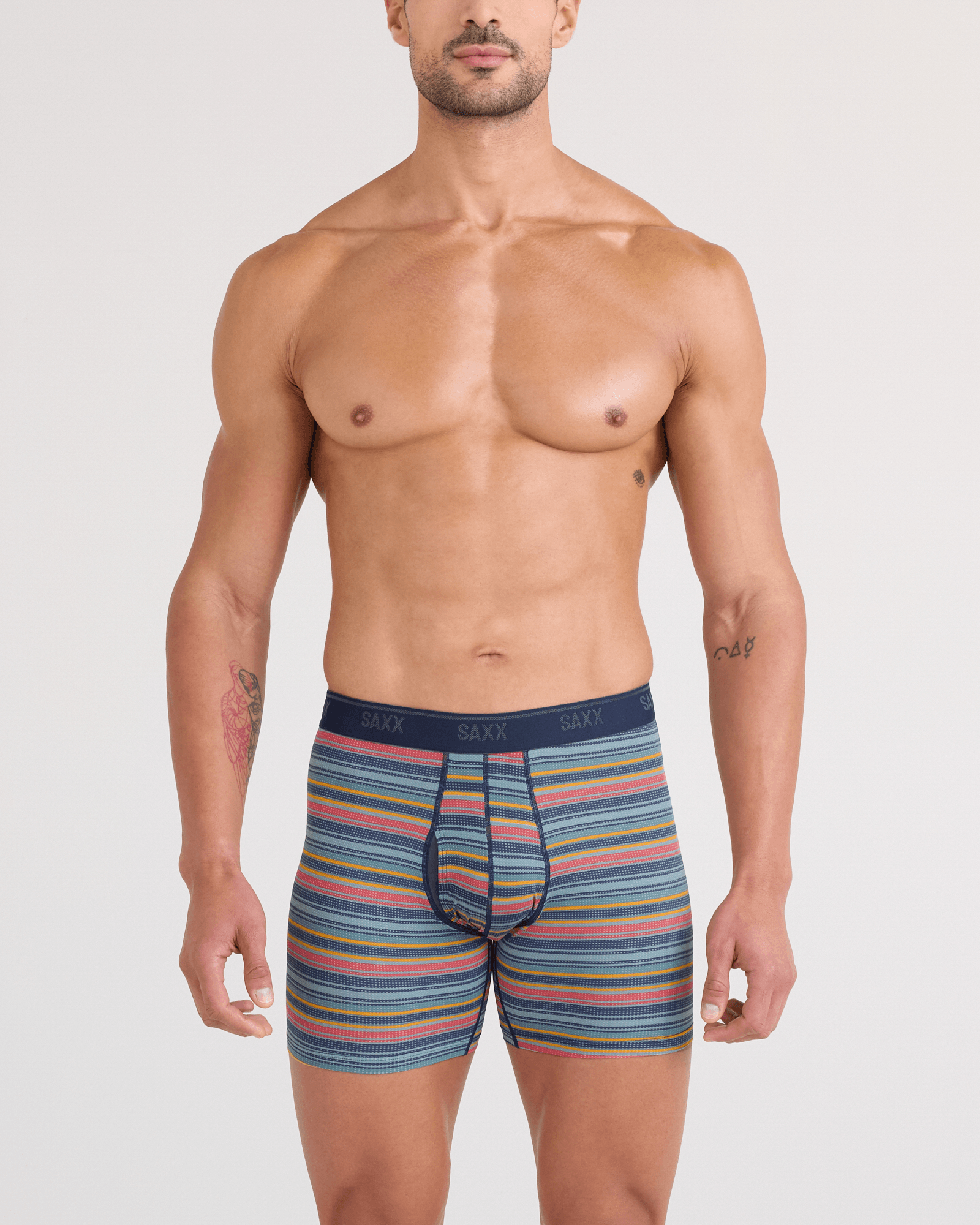 Front - Model wearing Quest Quick-Dry Mesh Boxer Brief Fly 2 Pack in Harvest Stripe/Maritime
