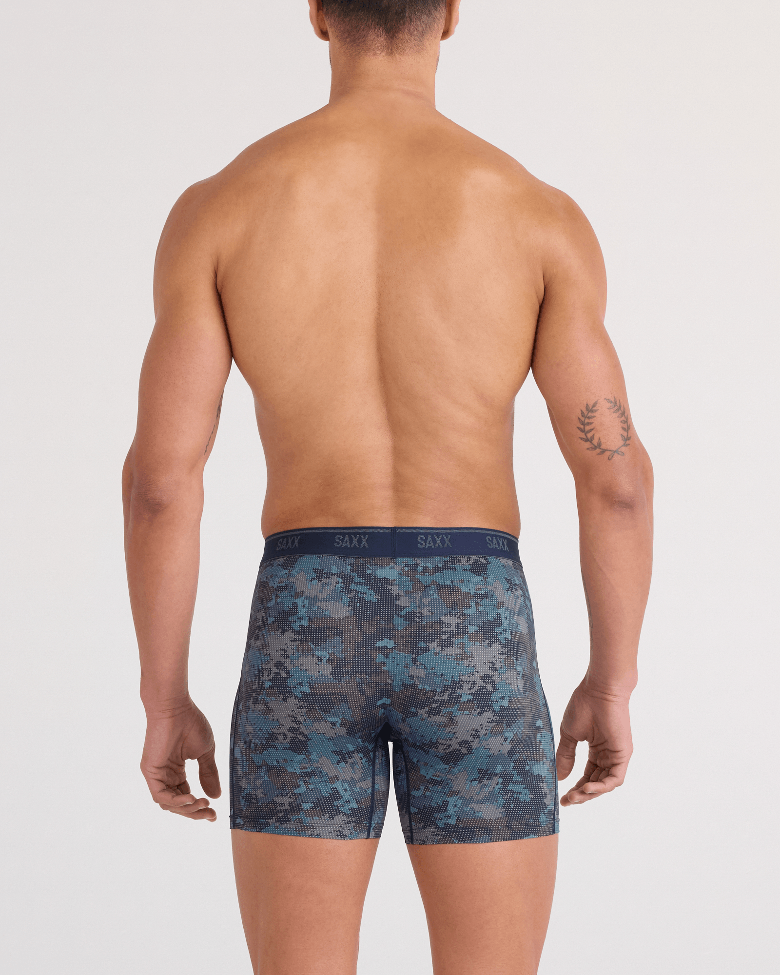 Back - Model wearing Quest Quick-Dry Mesh Boxer Brief Fly 2 Pack in Matrix Camo/Black