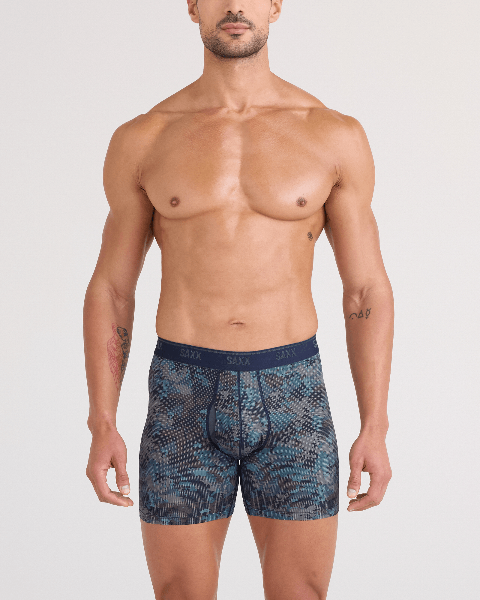 Front - Model wearing Quest Quick-Dry Mesh Boxer Brief Fly 2 Pack in Matrix Camo/Black