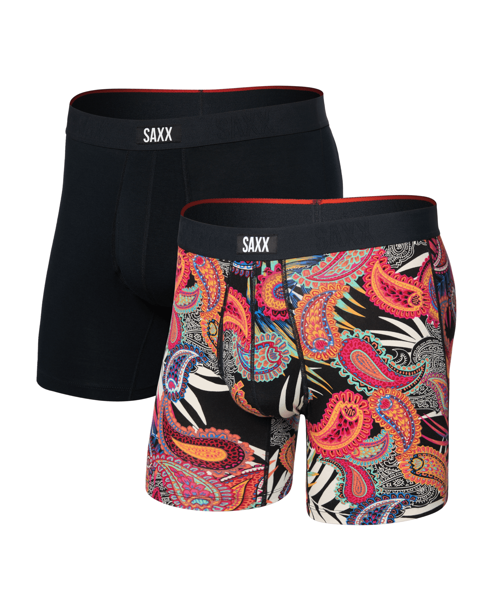 Front of Vibe Xtra Soft Comfort Boxer Brief Fly 2 Pack in Jungle Paisley/Black