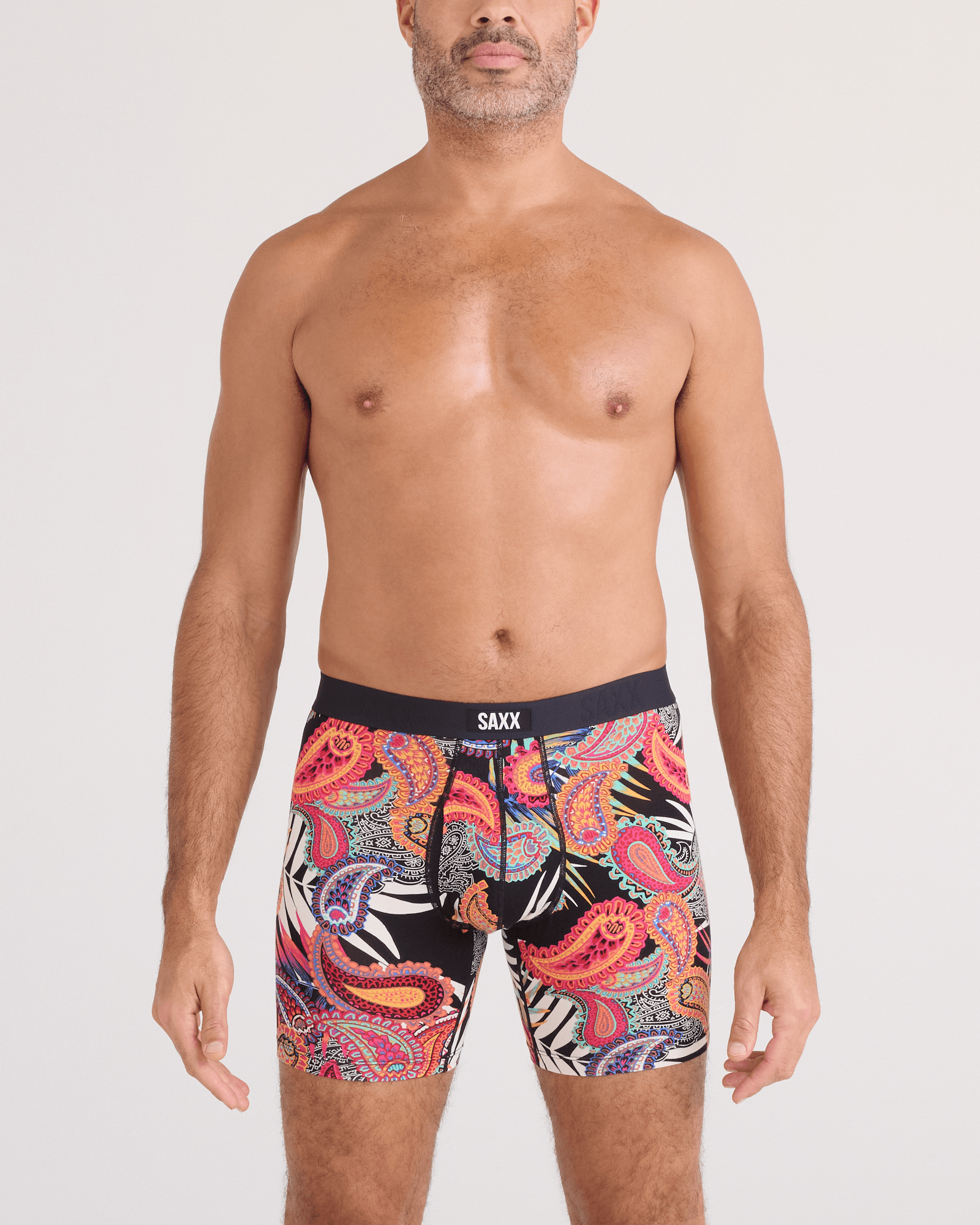 Front - Model wearing Vibe Xtra Soft Comfort Boxer Brief Fly 2 Pack in Jungle Paisley/Black