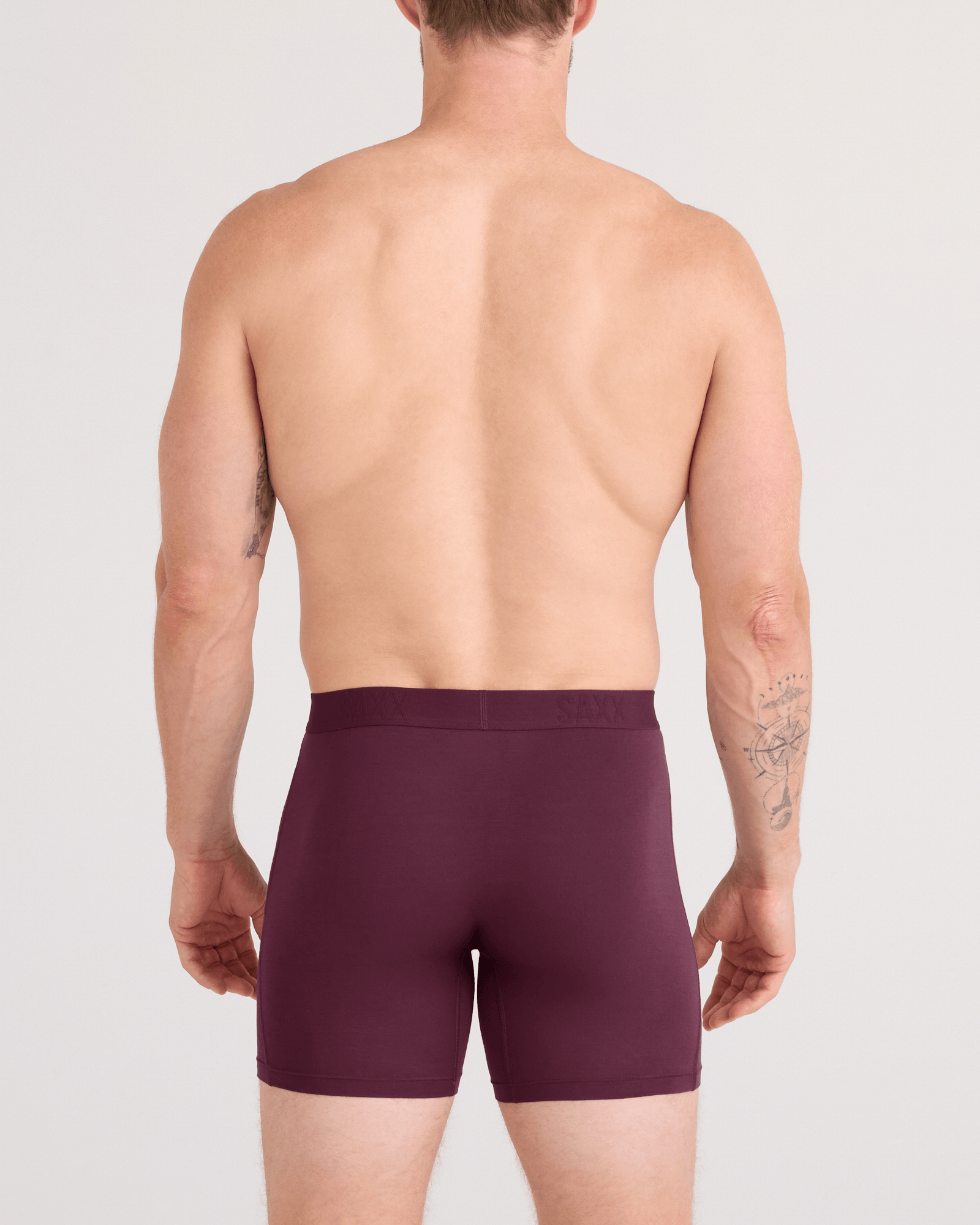 Back - Model wearing Vibe Xtra Soft Comfort Boxer Brief Fly 2 Pack in Maroon/Washed Indigo