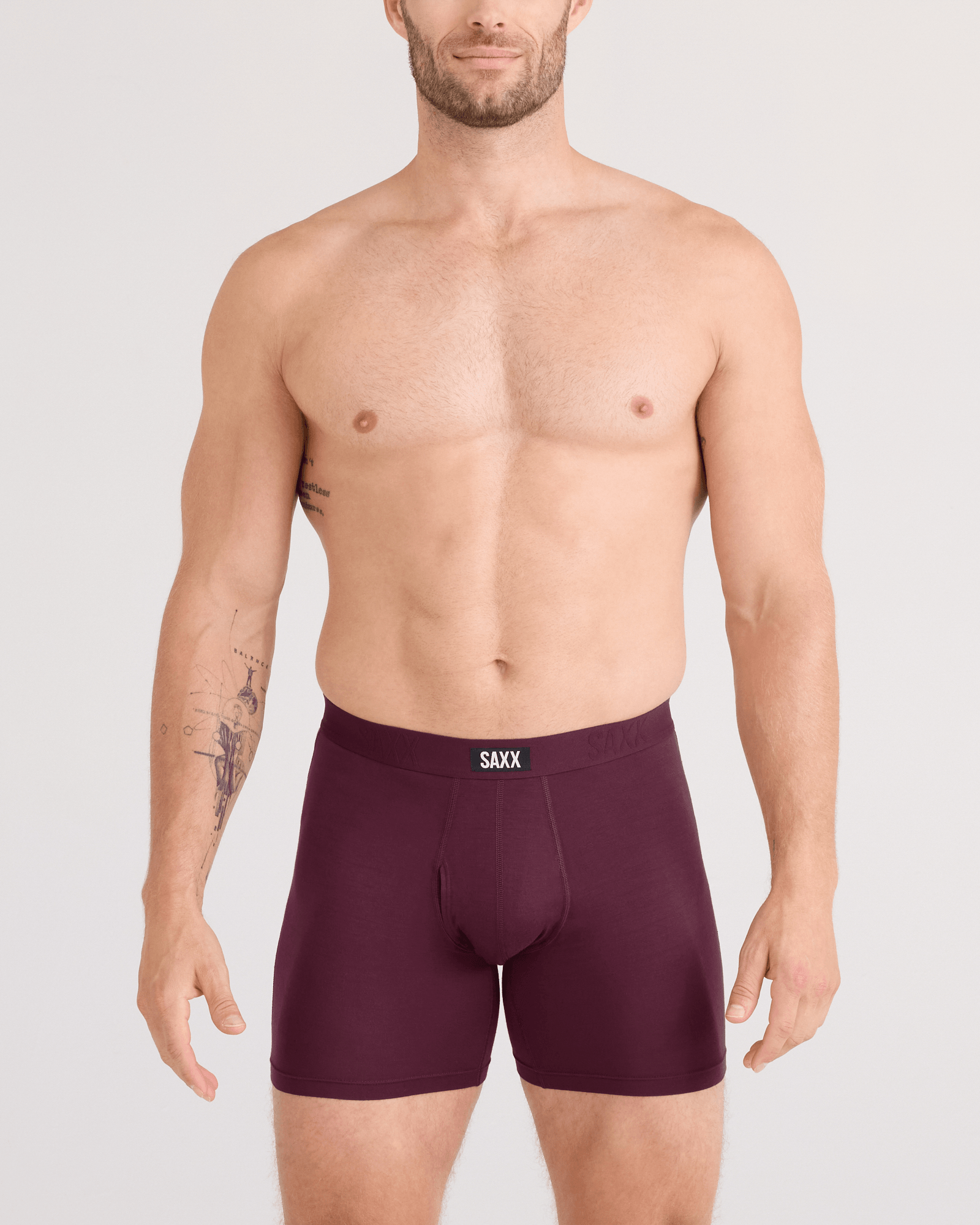Front - Model wearing Vibe Xtra Soft Comfort Boxer Brief Fly 2 Pack in Maroon/Washed Indigo
