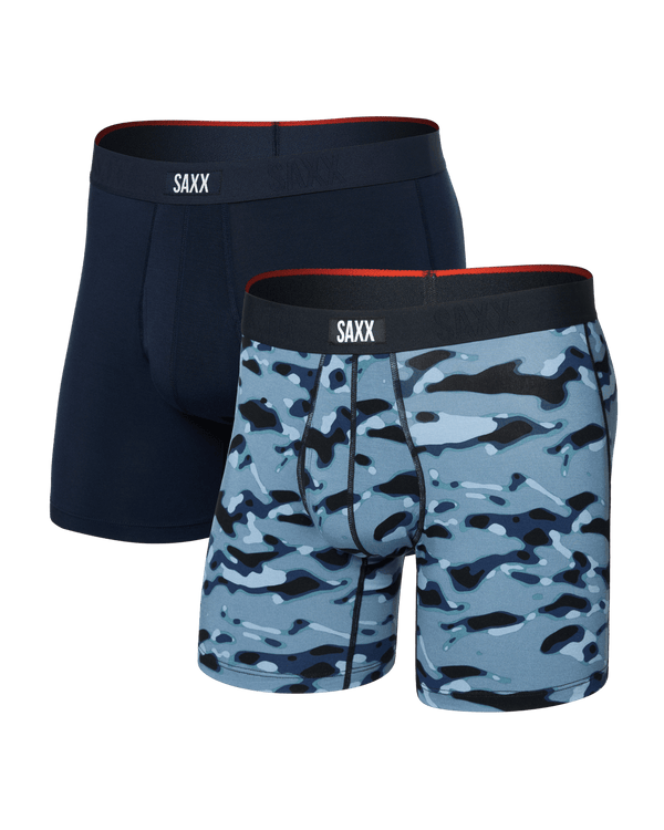 Front of Vibe Xtra Soft Comfort Boxer Brief Fly 2 Pack in Pond Camo/Navy