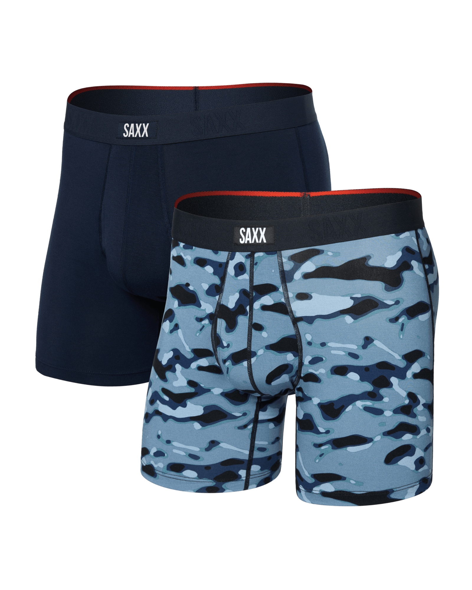 Front of Vibe Xtra Soft Comfort Boxer Brief Fly 2 Pack in Pond Camo/Navy