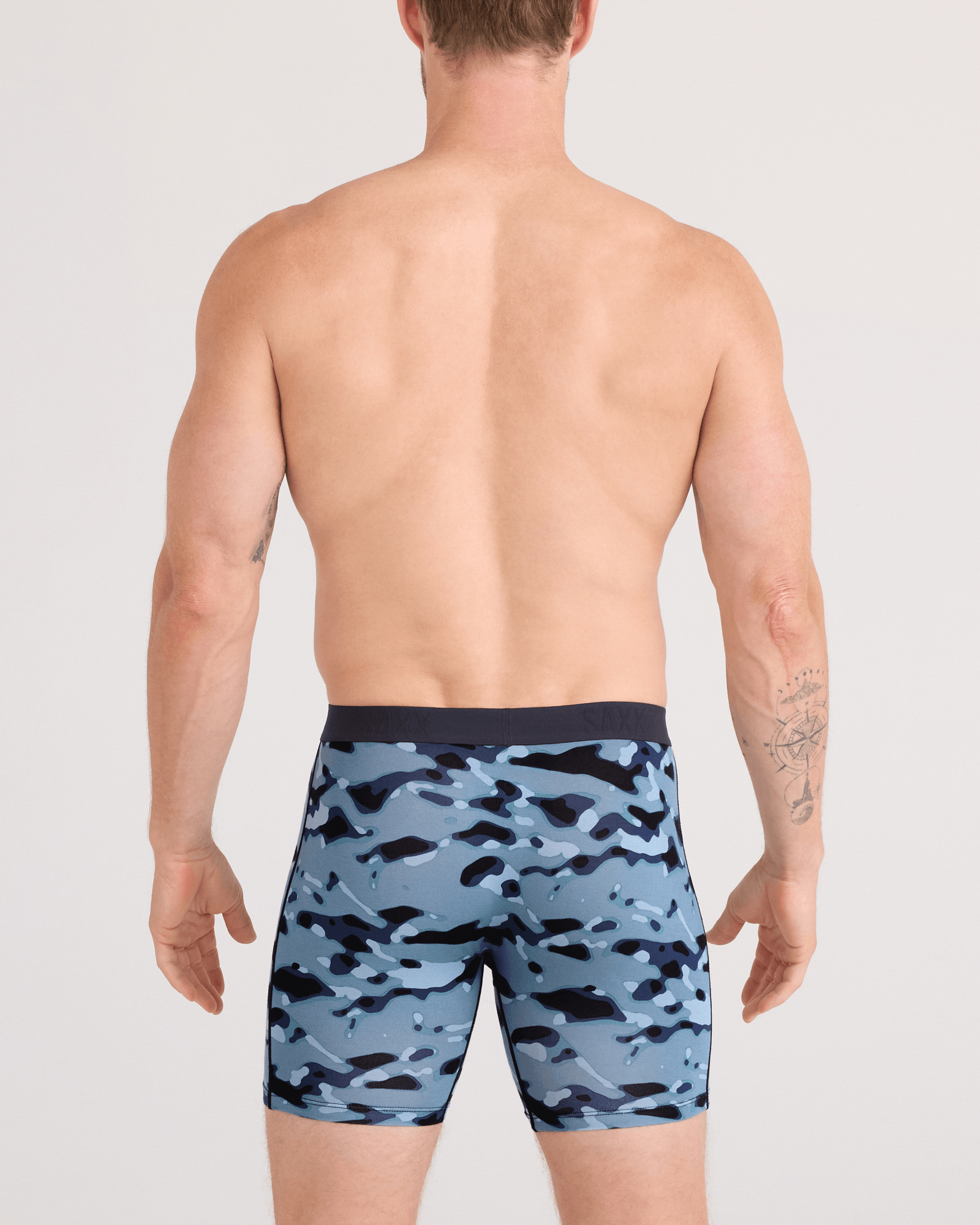 Back - Model wearing Vibe Xtra Soft Comfort Boxer Brief Fly 2 Pack in Pond Camo/Navy