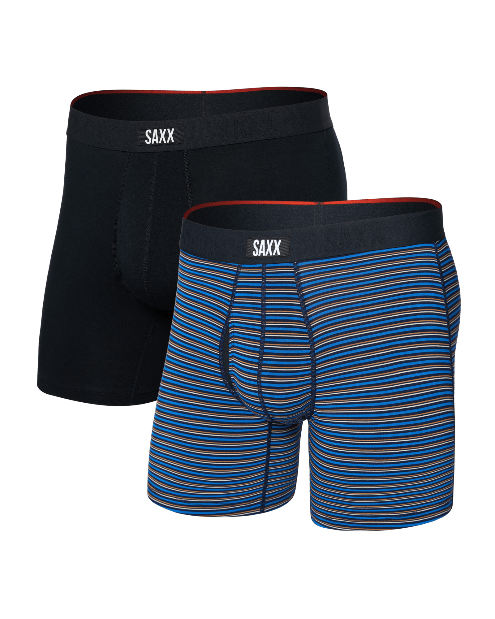Front of Vibe Xtra Soft Comfort Boxer Brief Fly 2 Pack in Railroad Stripe/Black
