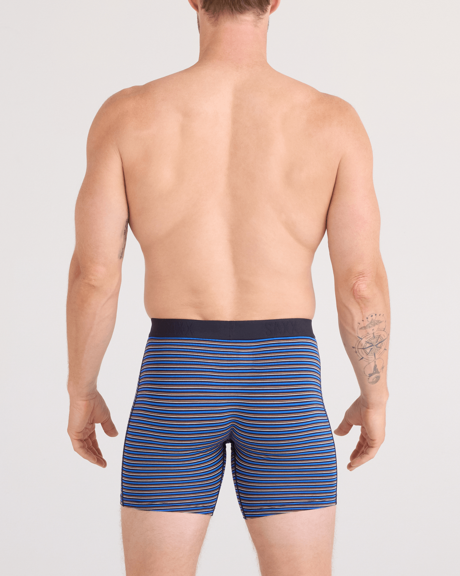 Back - Model wearing Vibe Xtra Soft Comfort Boxer Brief Fly 2 Pack in Railroad Stripe/Black