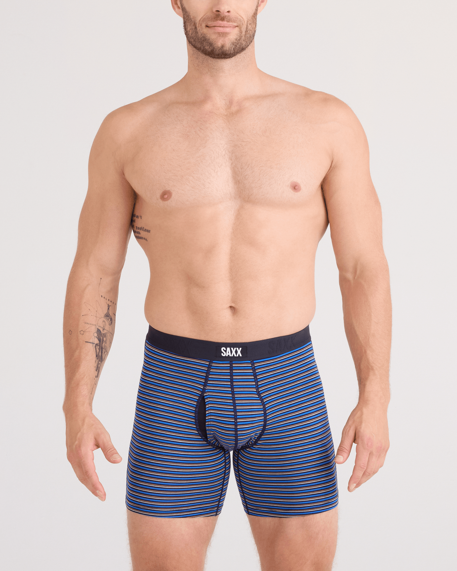 Front - Model wearing Vibe Xtra Soft Comfort Boxer Brief Fly 2 Pack in Railroad Stripe/Black