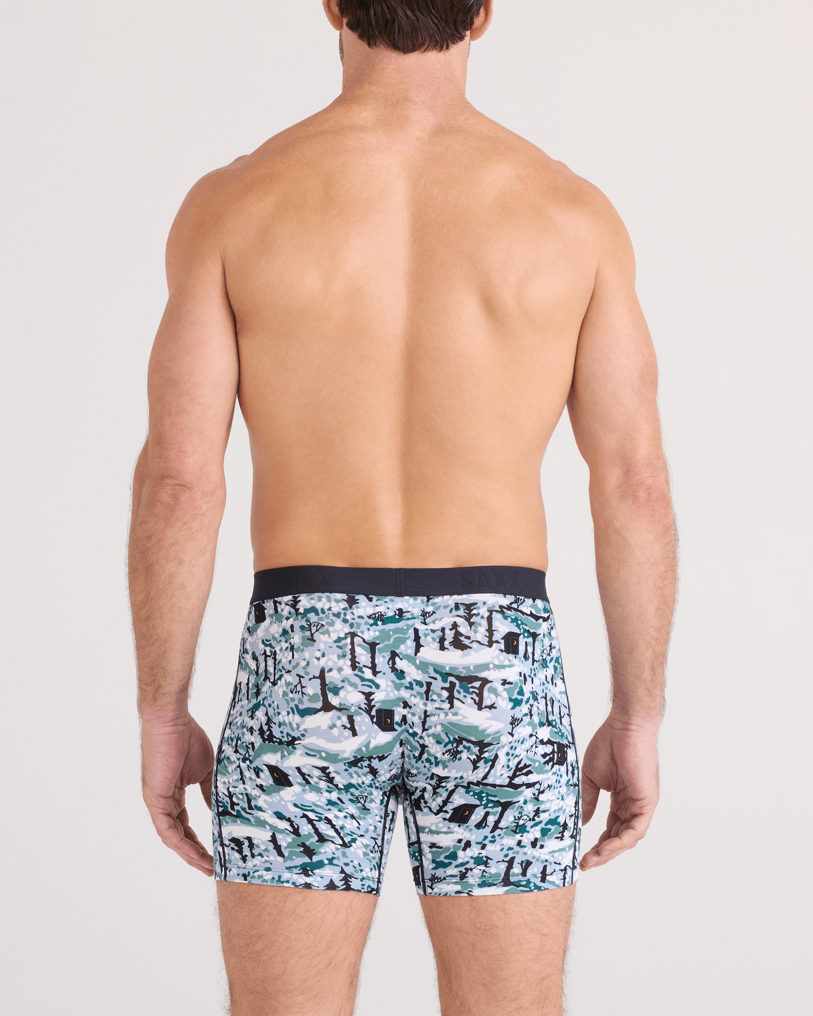 Back - Model wearing Vibe Xtra Soft Comfort Boxer Brief Fly 2 Pack in Snow Shadow/Black