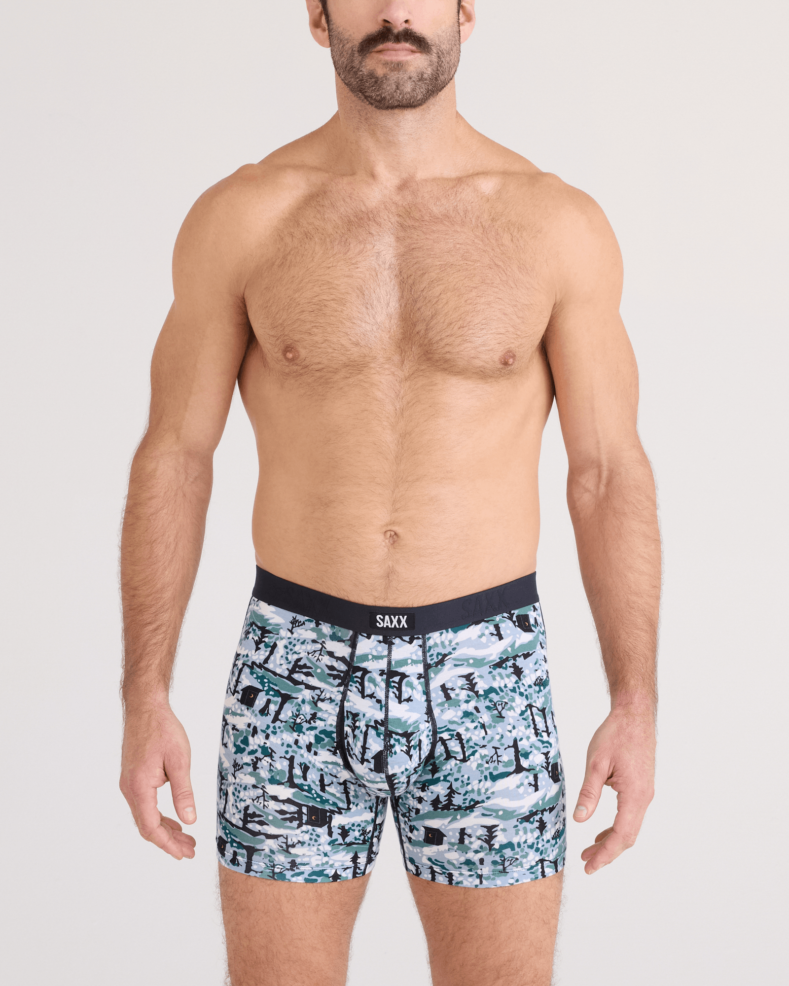 Front - Model wearing Vibe Xtra Soft Comfort Boxer Brief Fly 2 Pack in Snow Shadow/Black