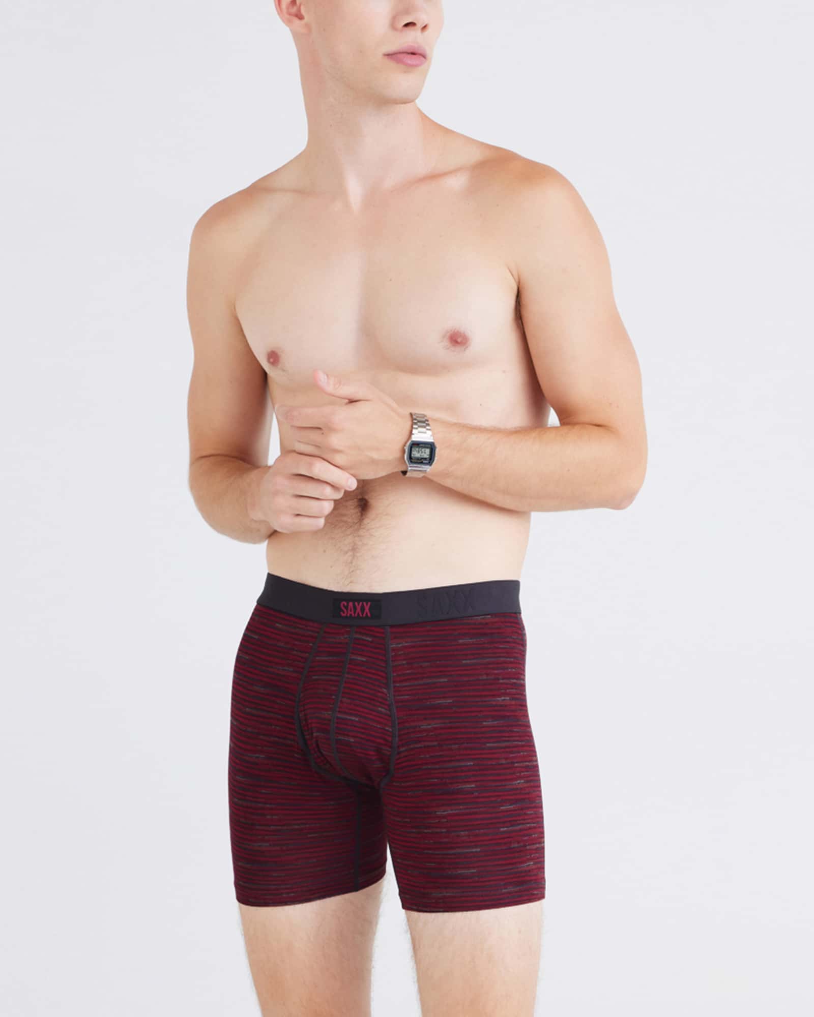 Front - Model wearing Vibe Xtra Boxer Brief Fly 2Pk in Spacedye Stripe/Black