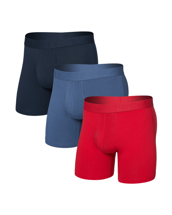Front of DropTemp Cooling Cotton Boxer Brief Fly 3 Pack in Red/Indigo/Dark Ink
