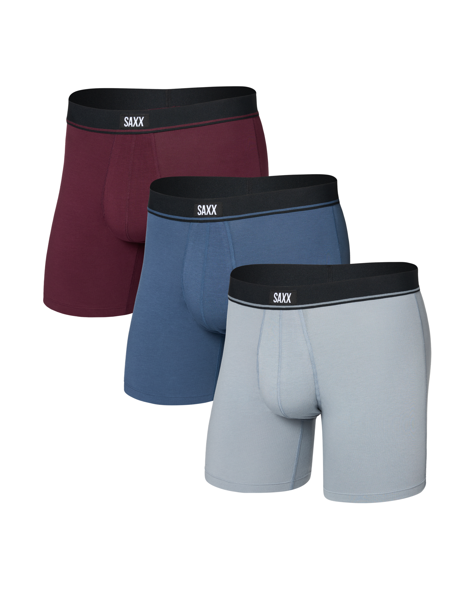 Front of Essential Cotton Boxer Brief (3 Pack) in Tradewinds/Indigo/Maroon