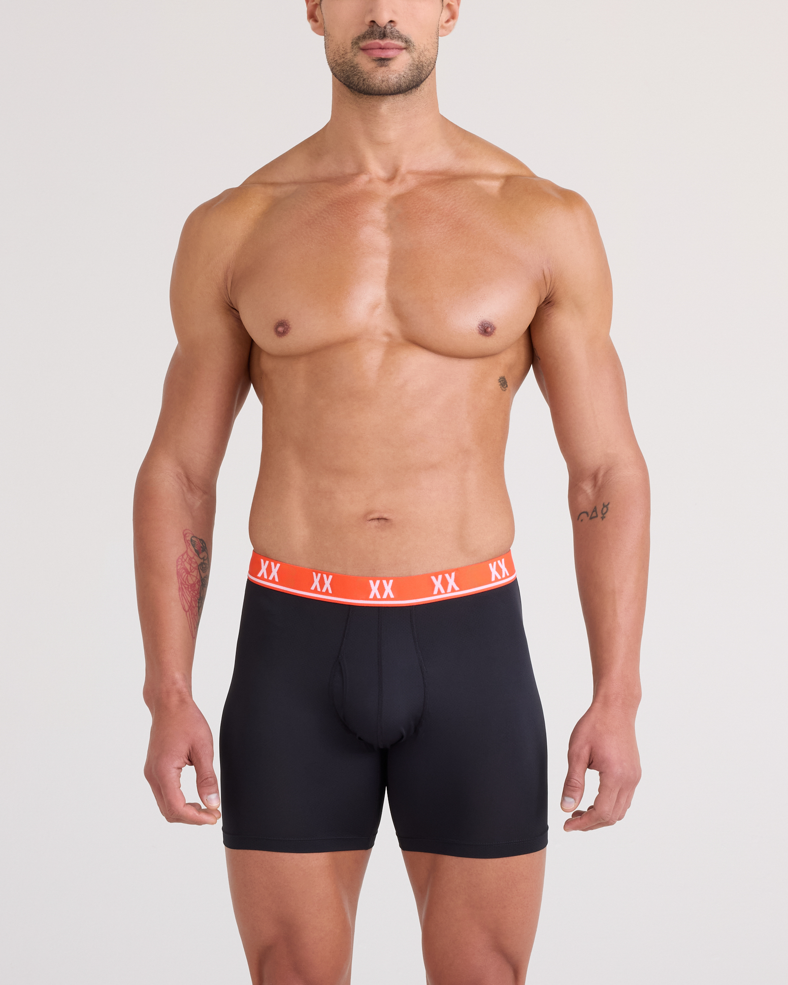 Front - Model wearing Essential Performance Mesh Boxer Brief in Black-Vermillion WB